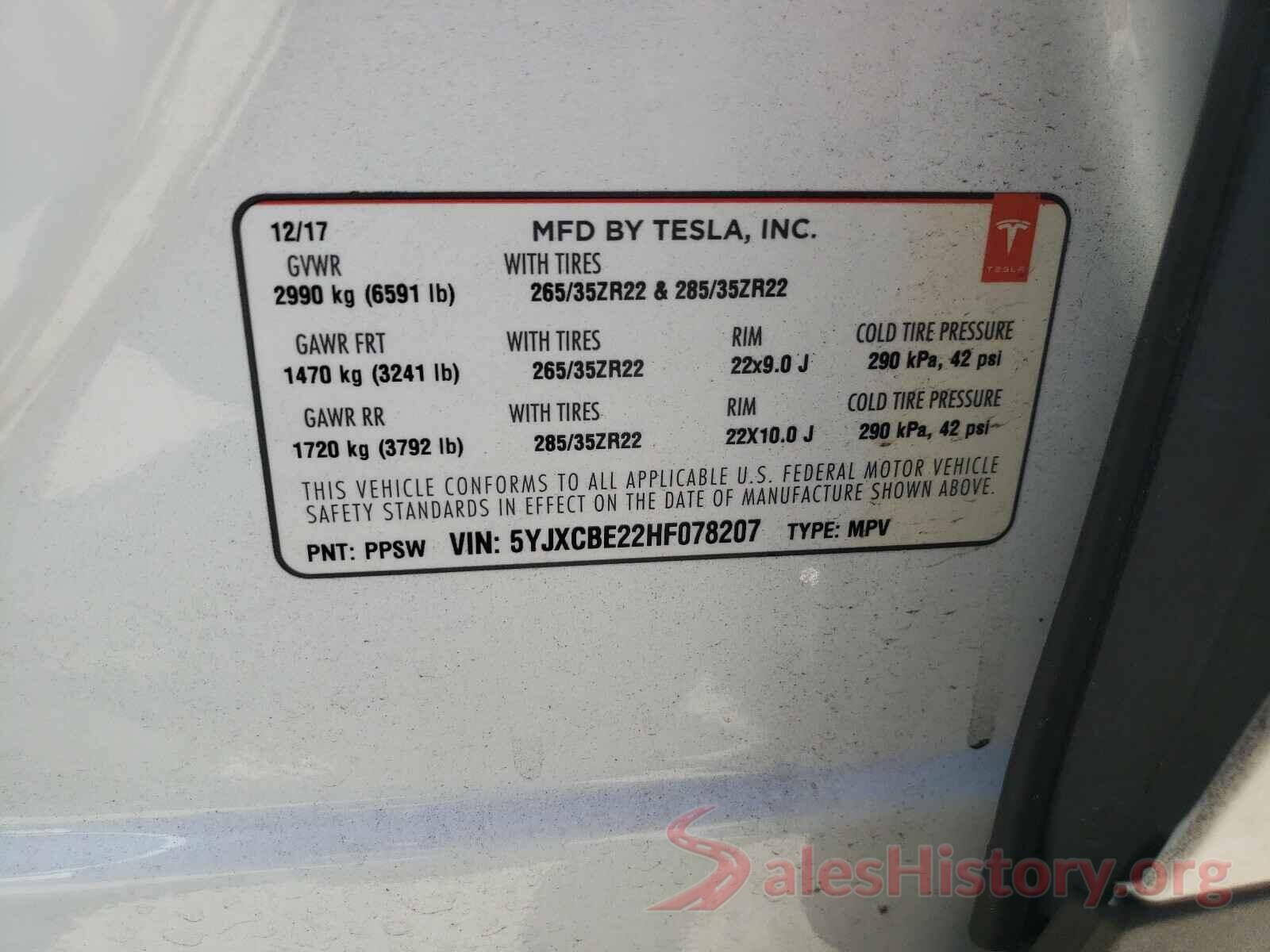 5YJXCBE22HF078207 2017 TESLA MODEL X