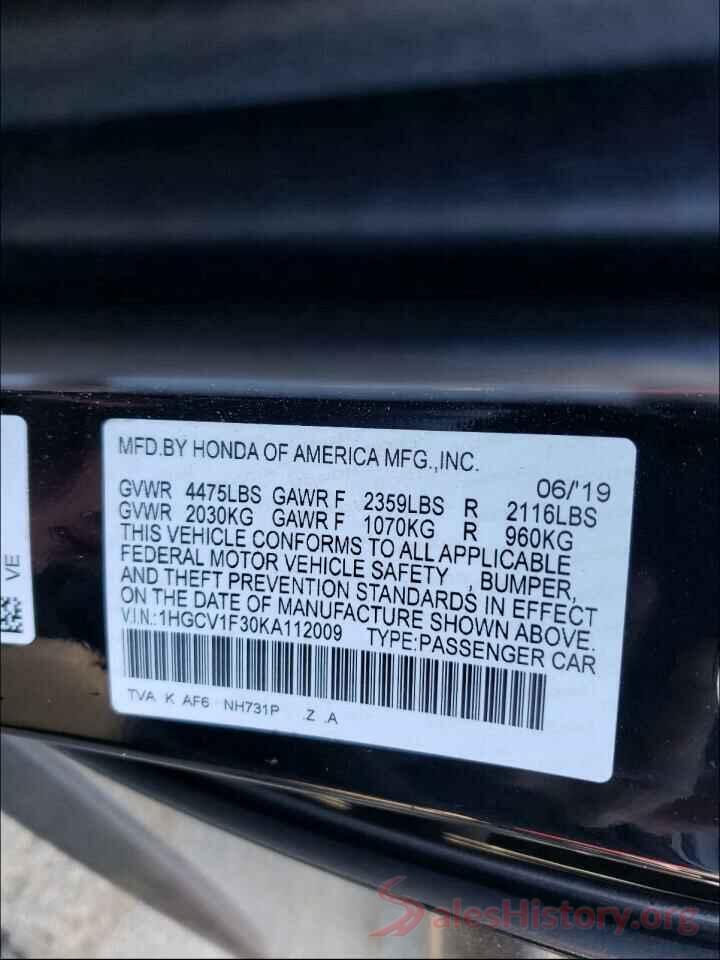 1HGCV1F30KA112009 2019 HONDA ACCORD