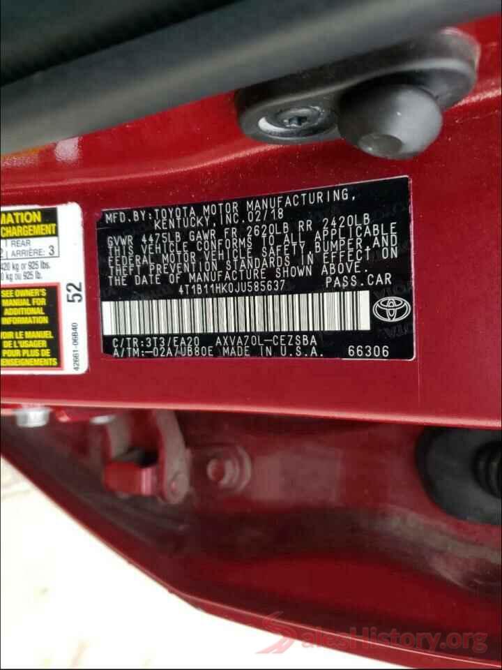 4T1B11HK0JU585637 2018 TOYOTA CAMRY