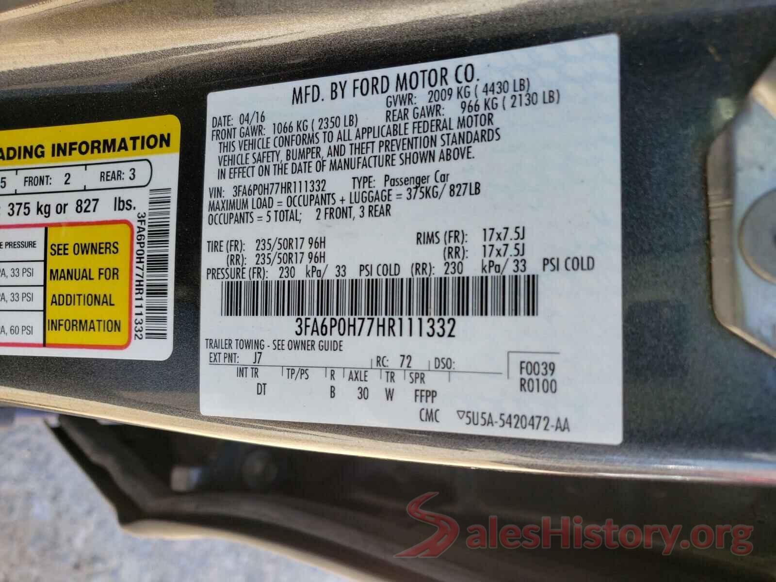 3FA6P0H77HR111332 2017 FORD FUSION