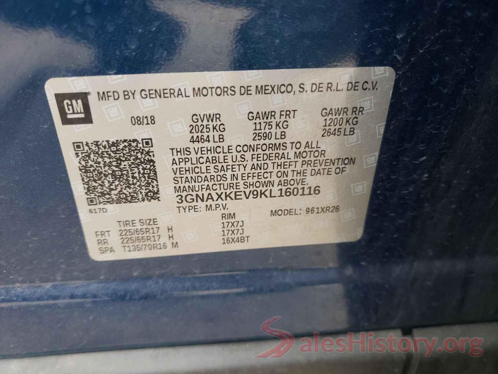 3GNAXKEV9KL160116 2019 CHEVROLET EQUINOX