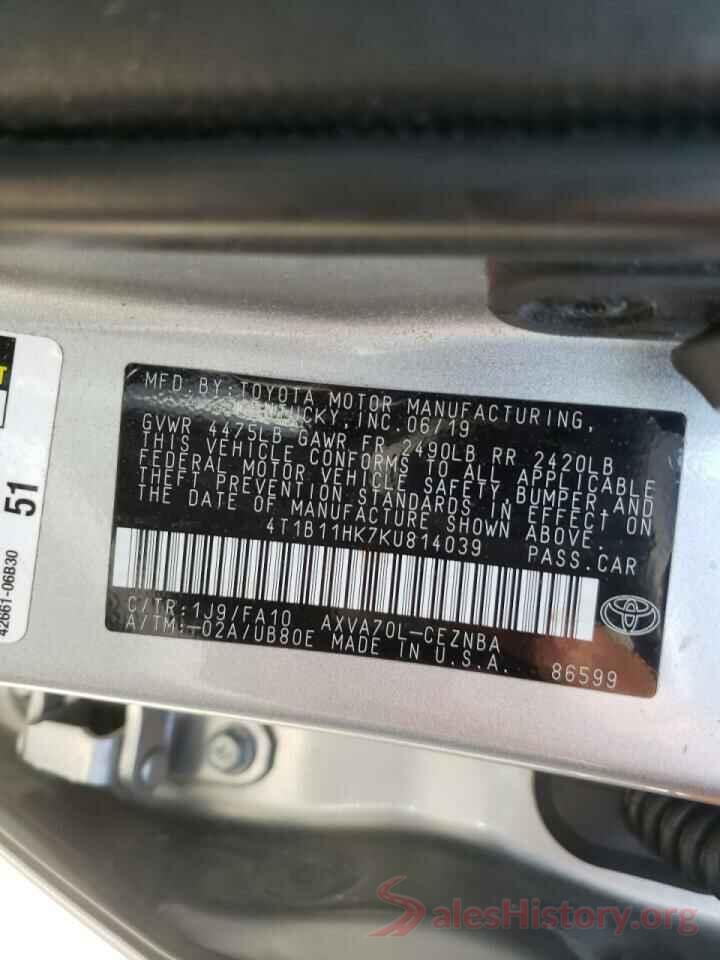 4T1B11HK7KU814039 2019 TOYOTA CAMRY