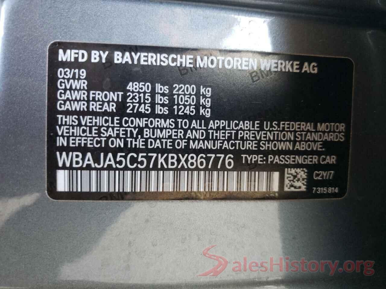 WBAJA5C57KBX86776 2019 BMW 5 SERIES