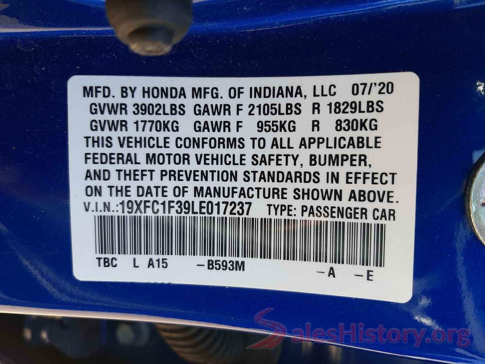 19XFC1F39LE017237 2020 HONDA CIVIC