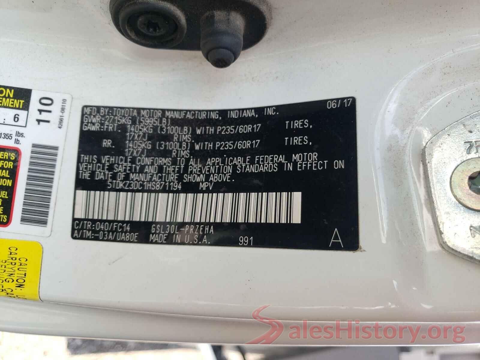 5TDKZ3DC1HS871194 2017 TOYOTA SIENNA