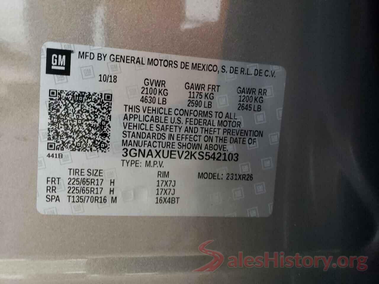 3GNAXUEV2KS542103 2019 CHEVROLET EQUINOX