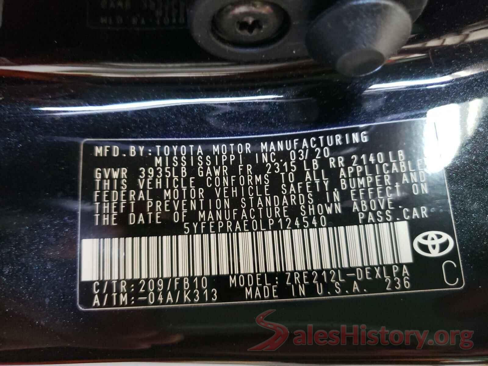 5YFEPRAE0LP124540 2020 TOYOTA COROLLA