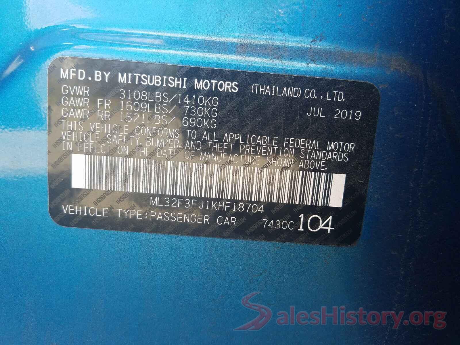 ML32F3FJ1KHF18704 2019 MITSUBISHI MIRAGE