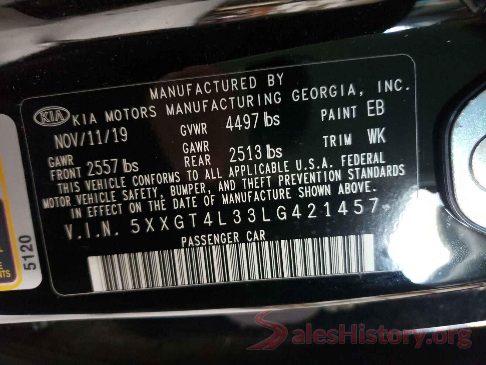 5XXGT4L33LG421457 2020 KIA OPTIMA