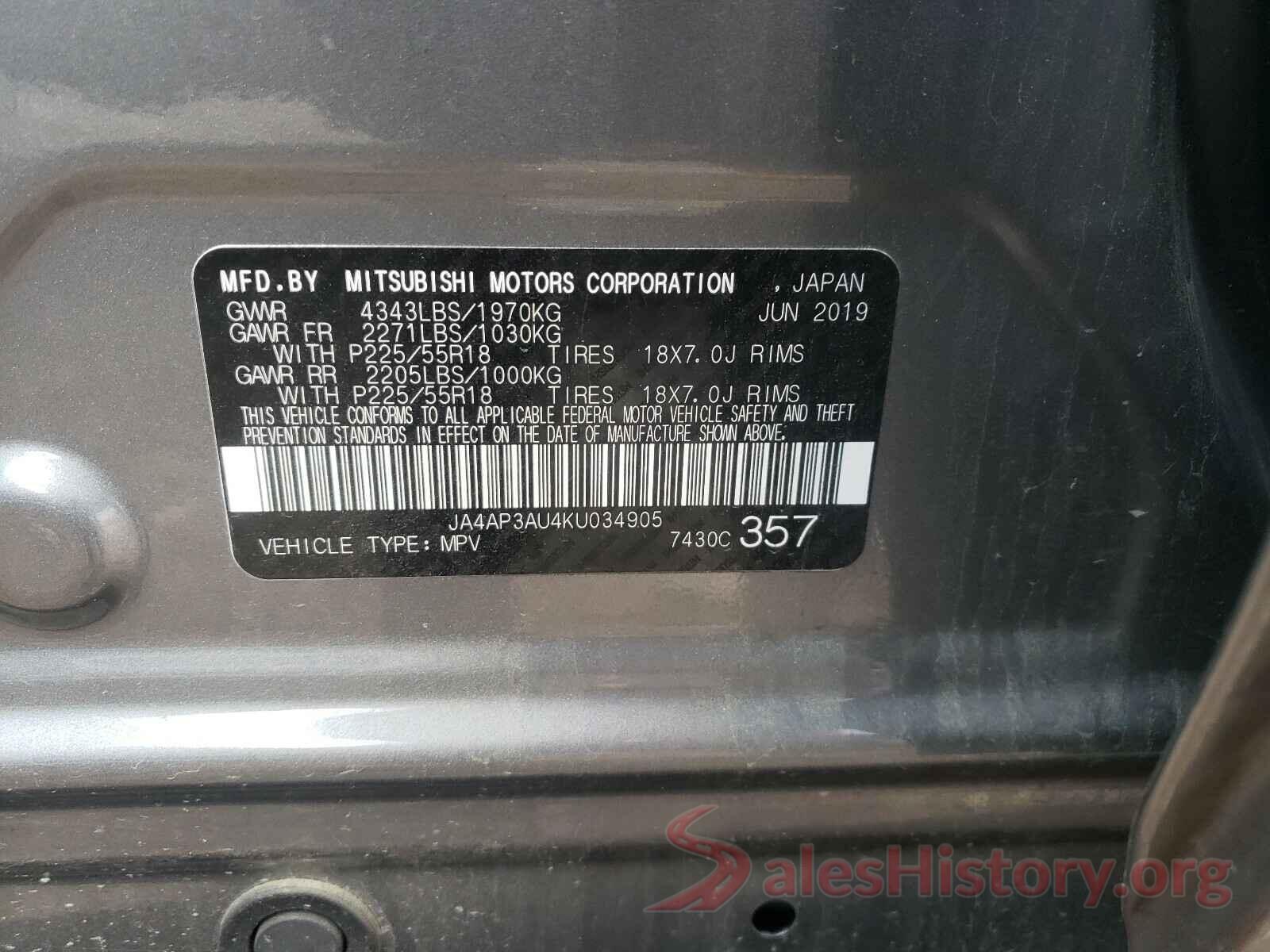 JA4AP3AU4KU034905 2019 MITSUBISHI OUTLANDER