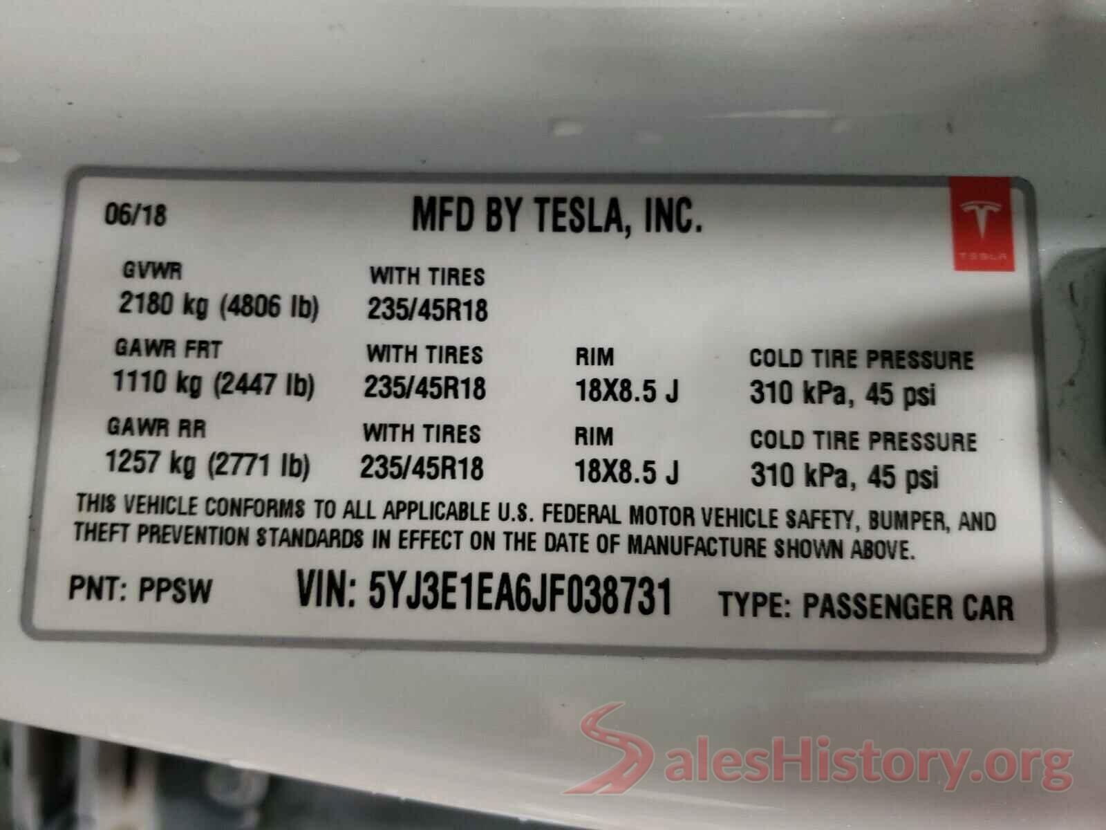 5YJ3E1EA6JF038731 2018 TESLA MODEL 3