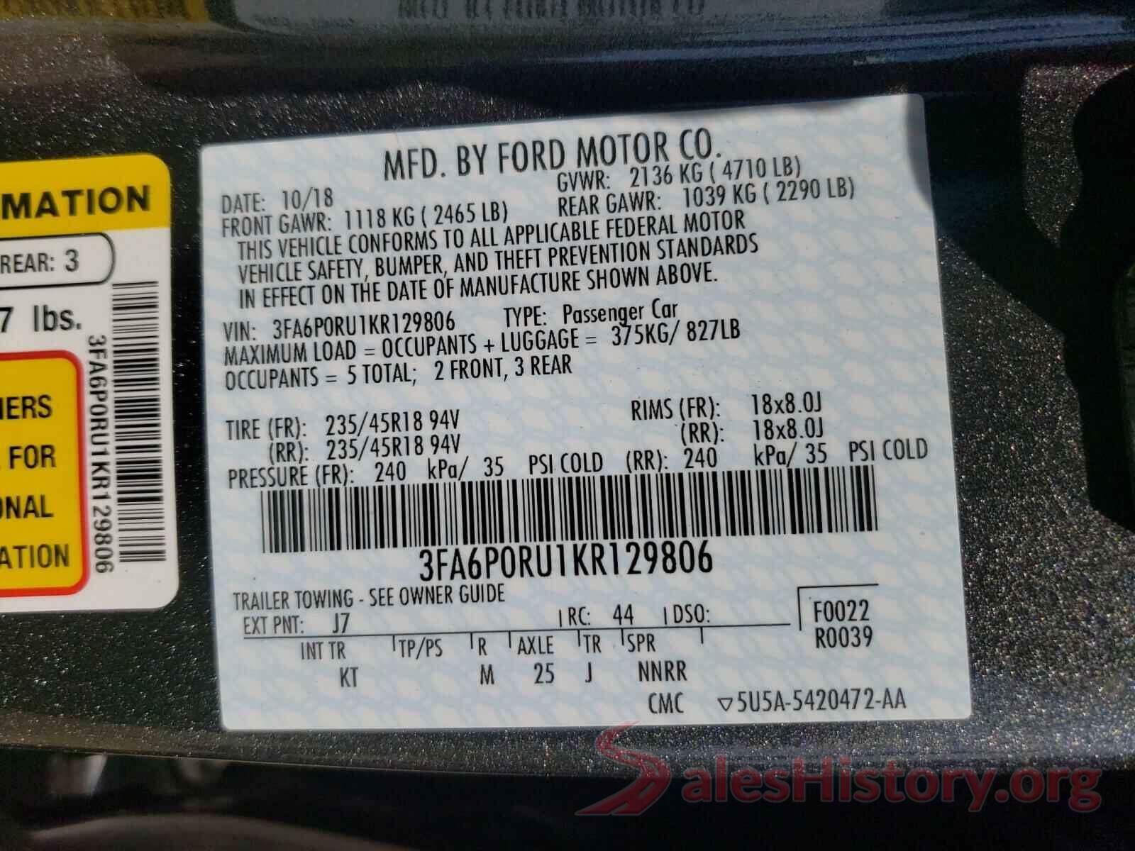 3FA6P0RU1KR129806 2019 FORD FUSION