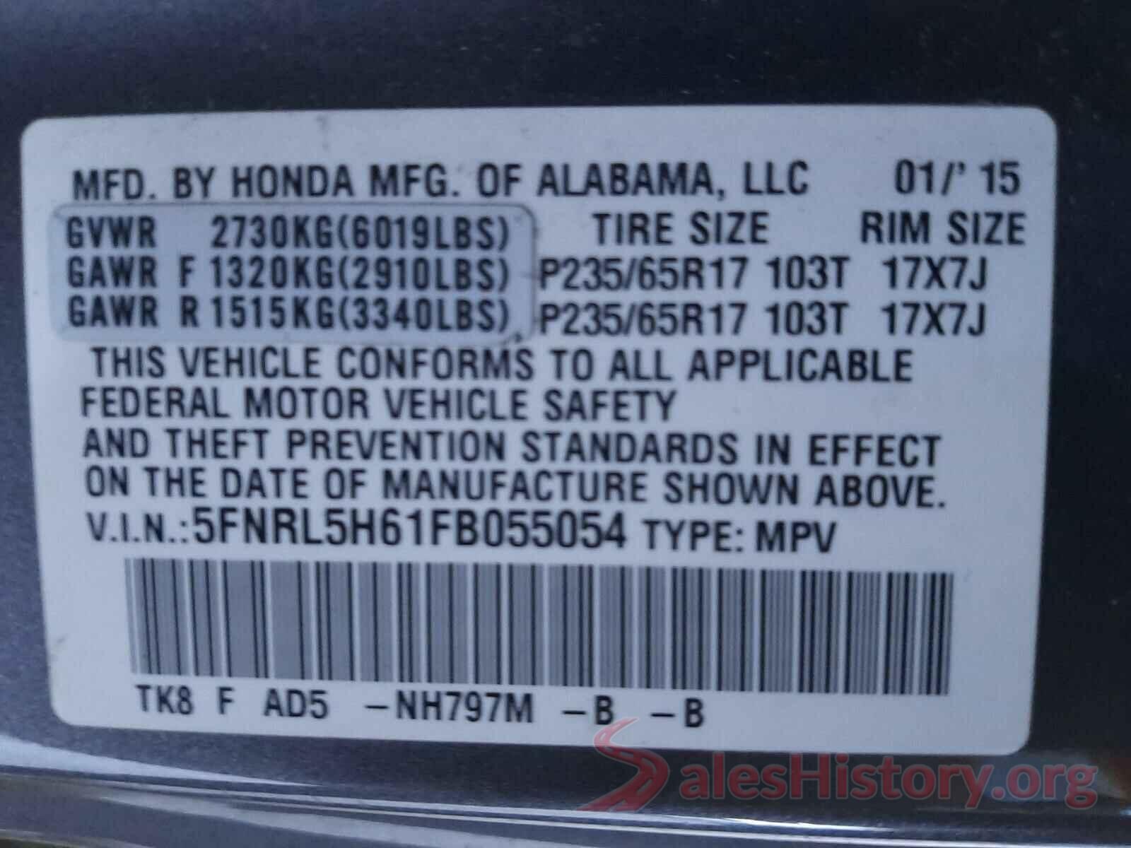 5FNRL5H61FB055054 2015 HONDA ODYSSEY