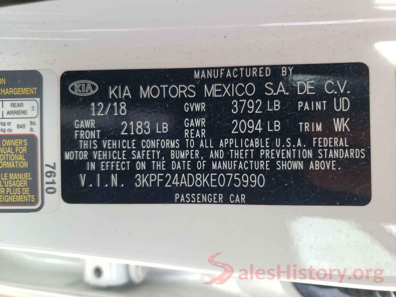 3KPF24AD8KE075990 2019 KIA FORTE