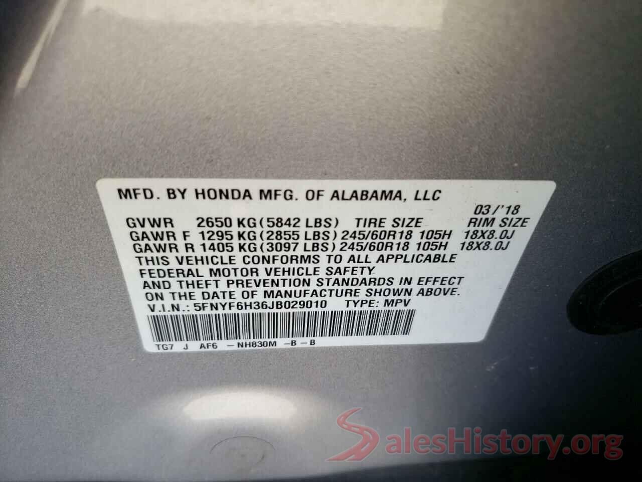 5FNYF6H36JB029010 2018 HONDA PILOT