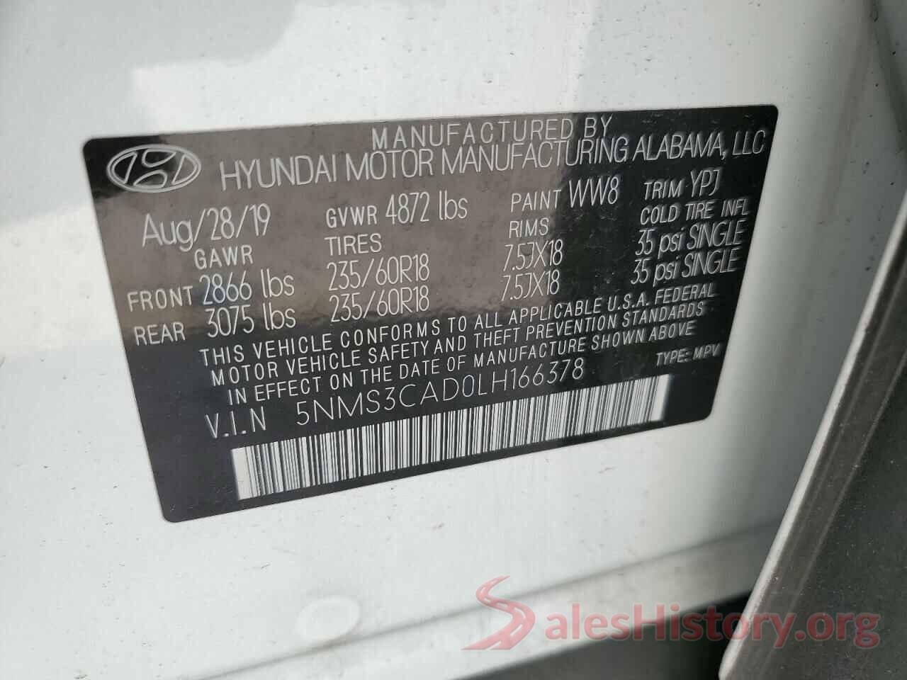 5NMS3CAD0LH166378 2020 HYUNDAI SANTA FE