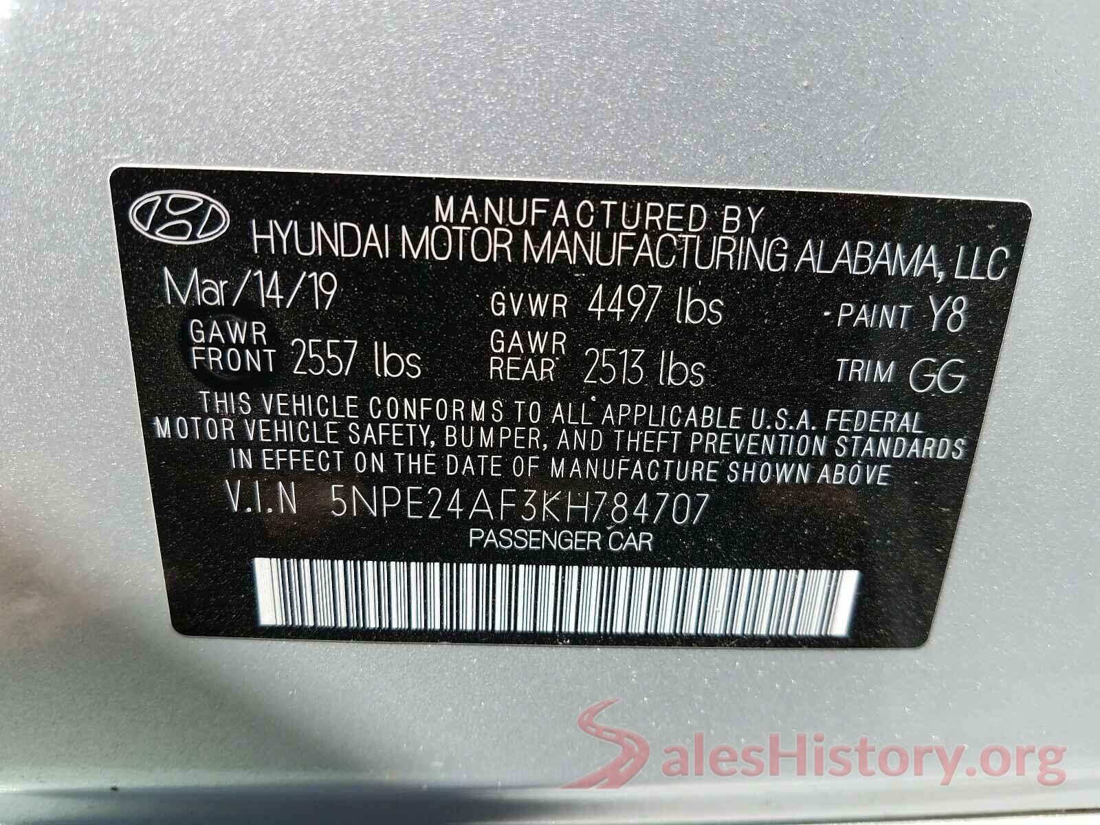 5NPE24AF3KH784707 2019 HYUNDAI SONATA