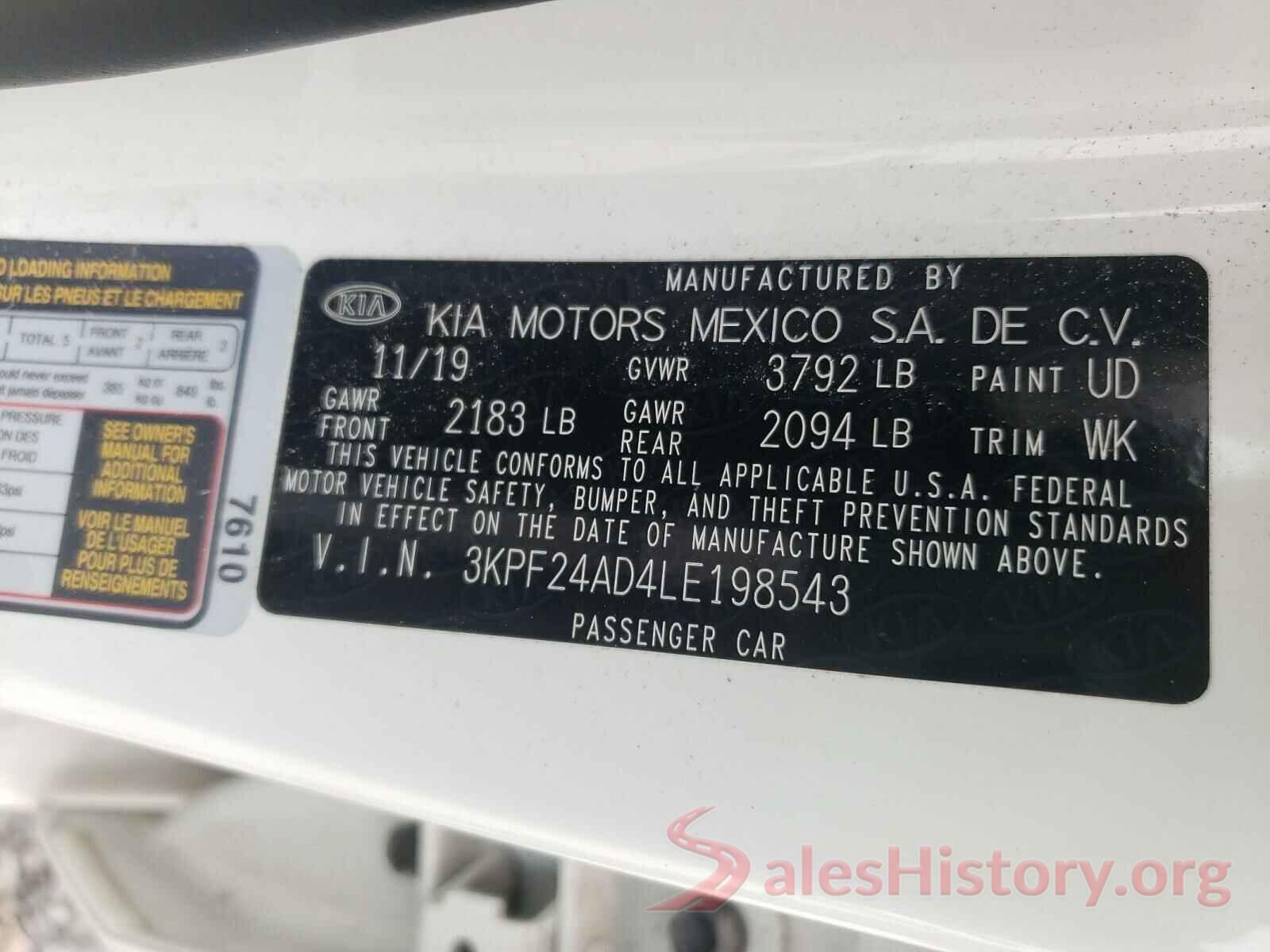 3KPF24AD4LE198543 2020 KIA FORTE