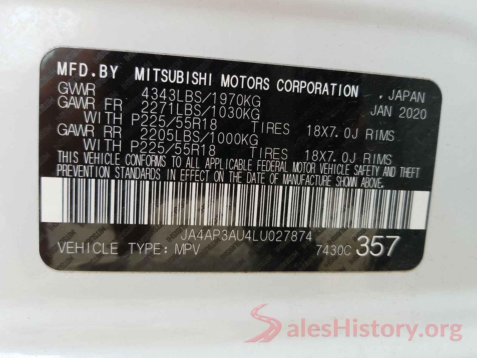 JA4AP3AU4LU027874 2020 MITSUBISHI OUTLANDER