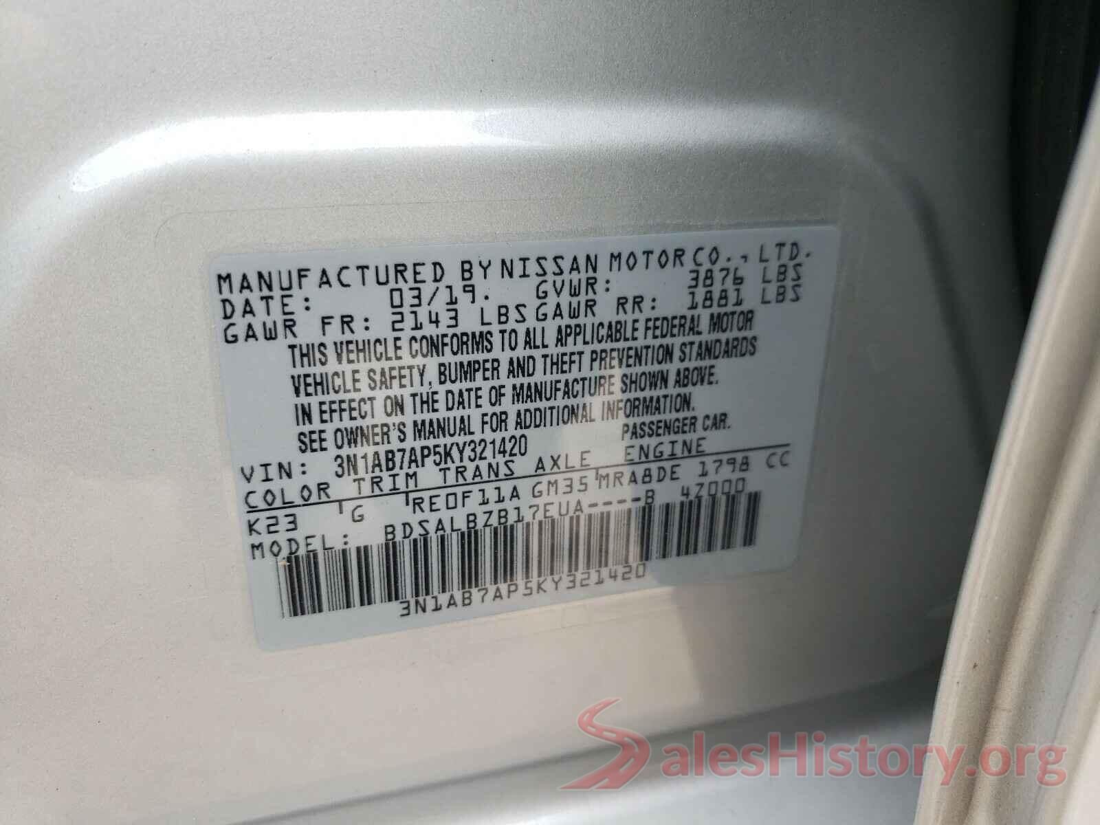 3N1AB7AP5KY321420 2019 NISSAN SENTRA