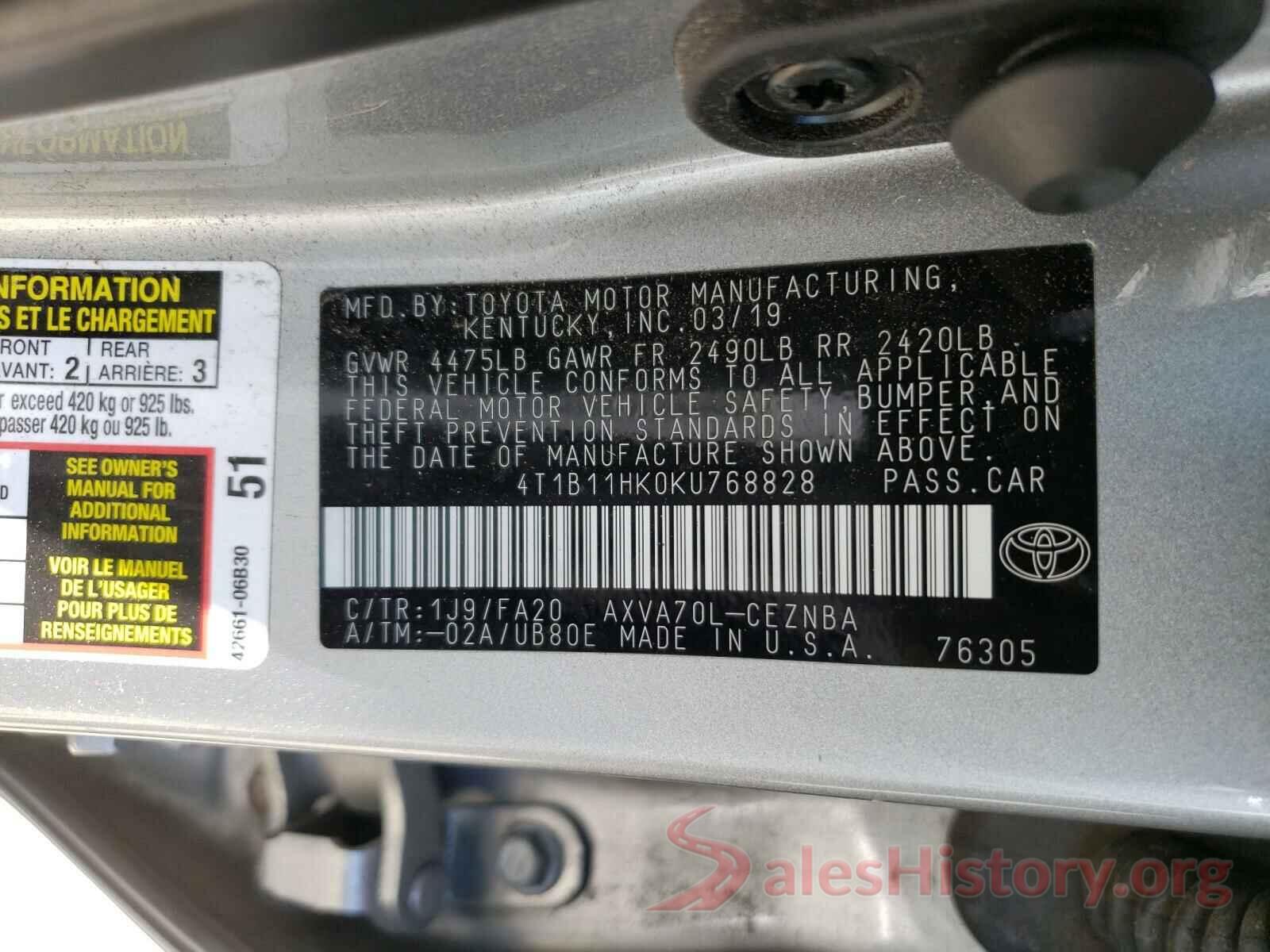 4T1B11HK0KU768828 2019 TOYOTA CAMRY