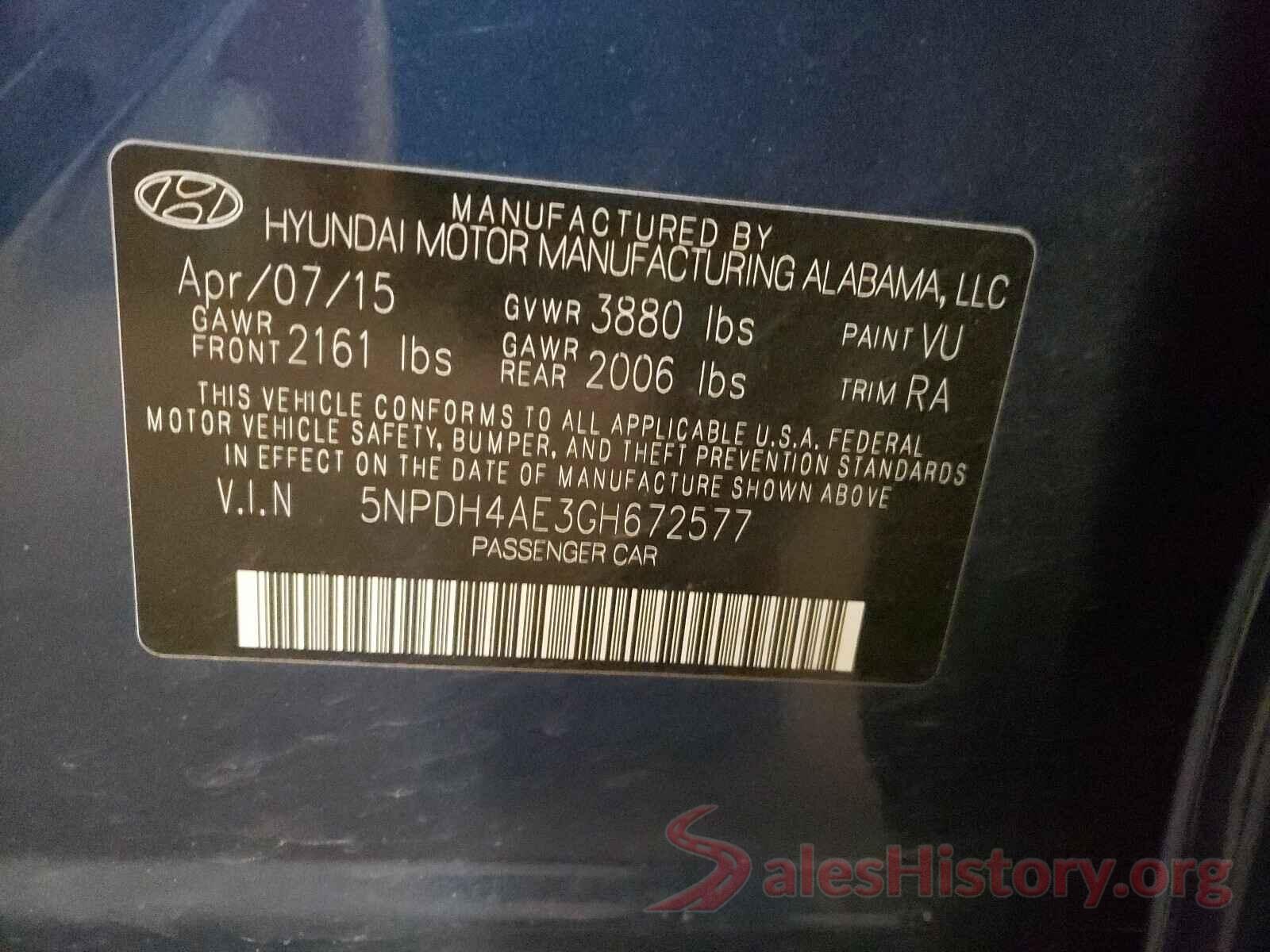 5NPDH4AE3GH672577 2016 HYUNDAI ELANTRA