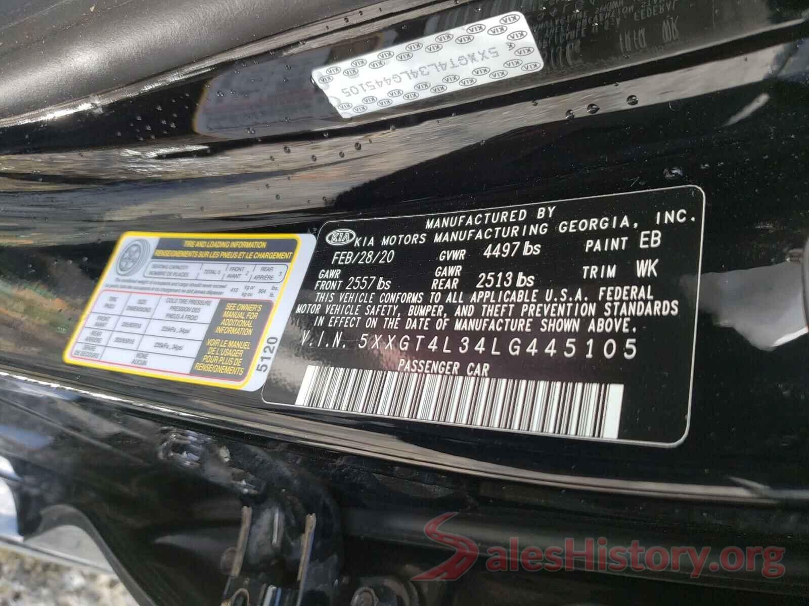 5XXGT4L34LG445105 2020 KIA OPTIMA