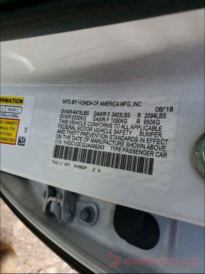 1HGCV2E32JA049243 2018 HONDA ACCORD