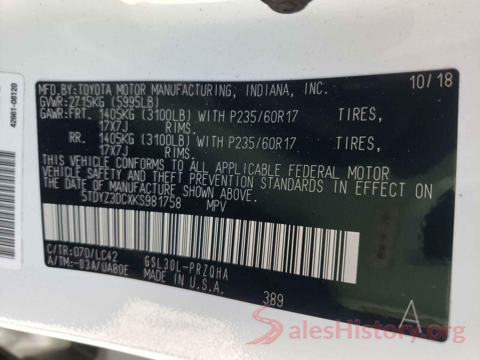 5TDYZ3DCXKS981758 2019 TOYOTA SIENNA