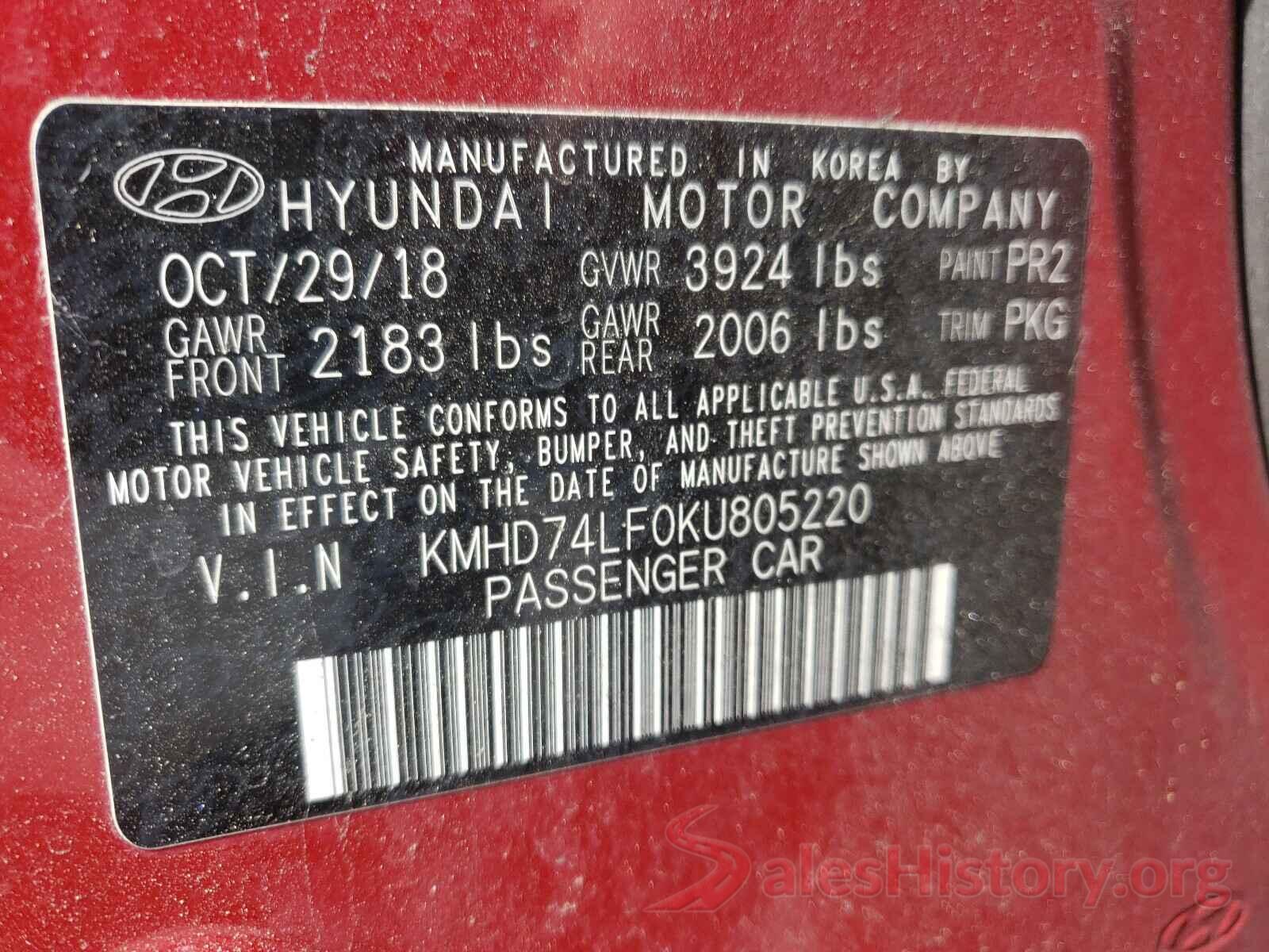 KMHD74LF0KU805220 2019 HYUNDAI ELANTRA