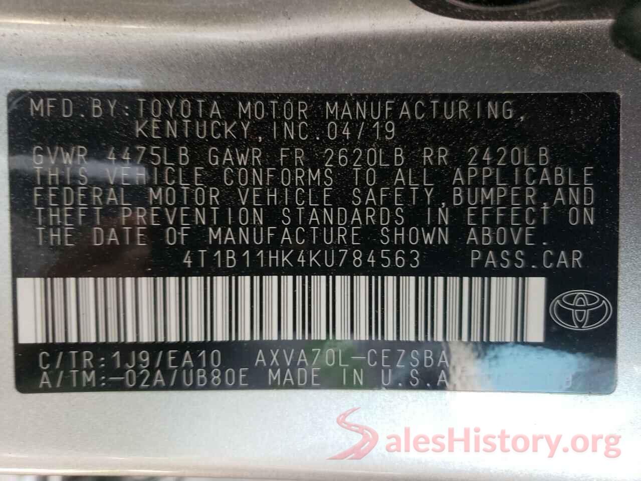 4T1B11HK4KU784563 2019 TOYOTA CAMRY