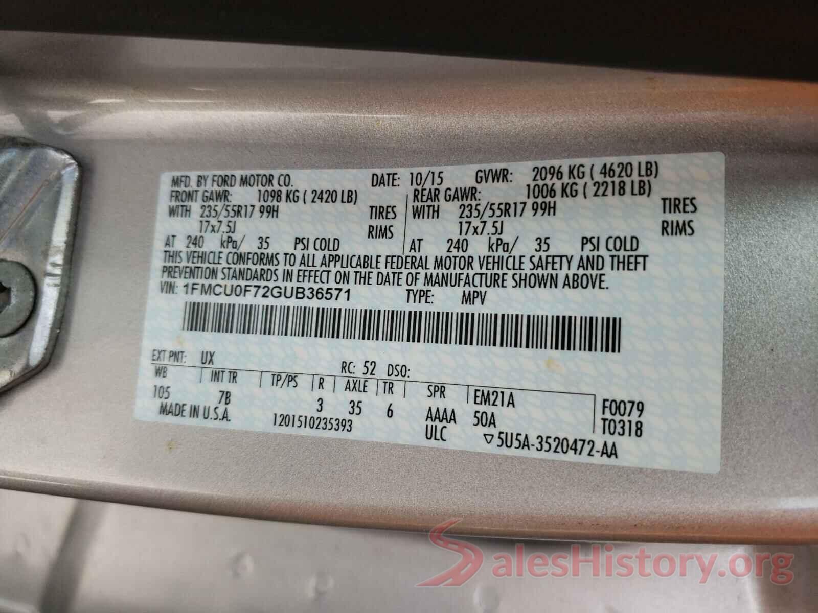 1FMCU0F72GUB36571 2016 FORD ESCAPE