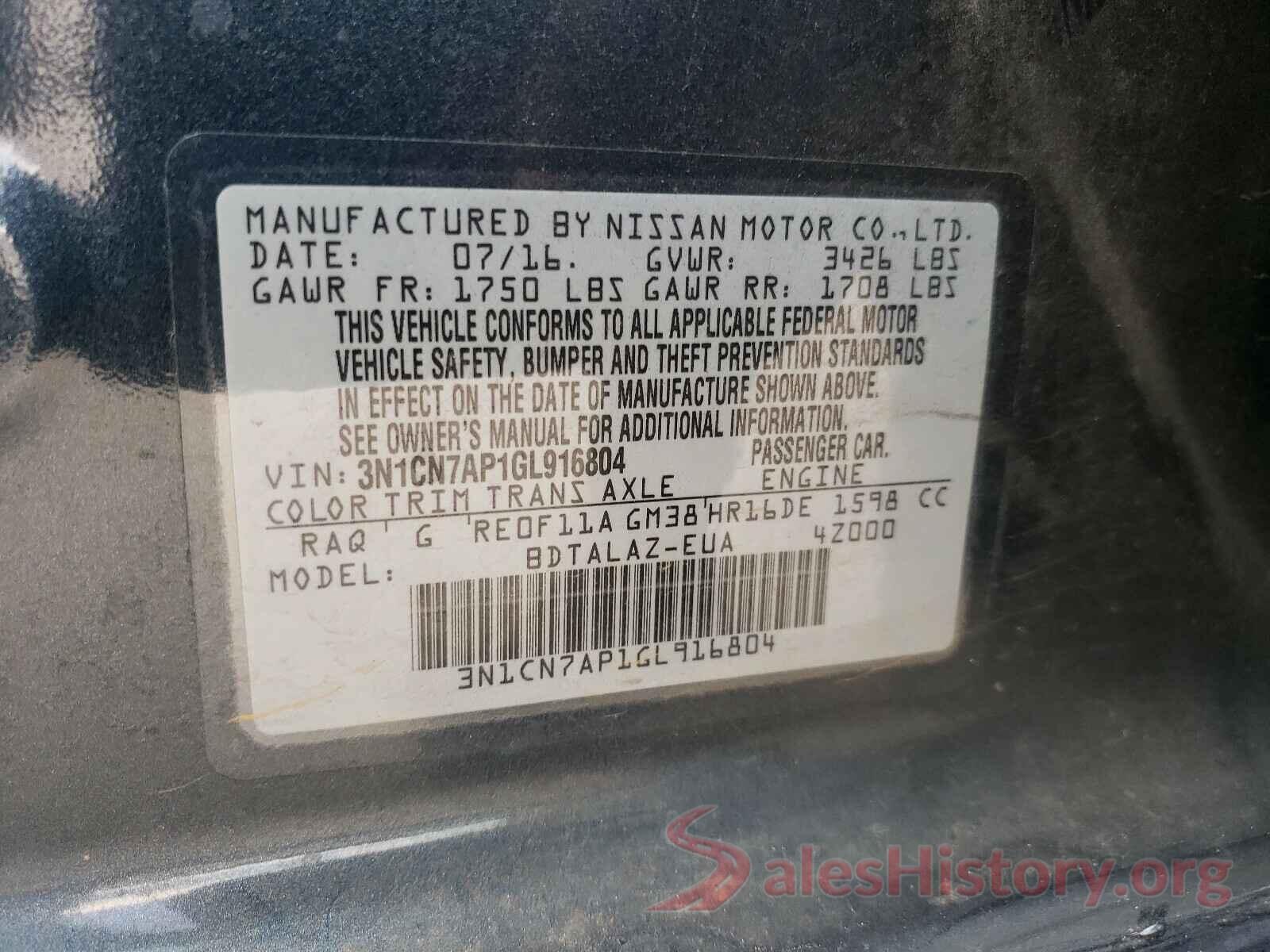 3N1CN7AP1GL916804 2016 NISSAN VERSA