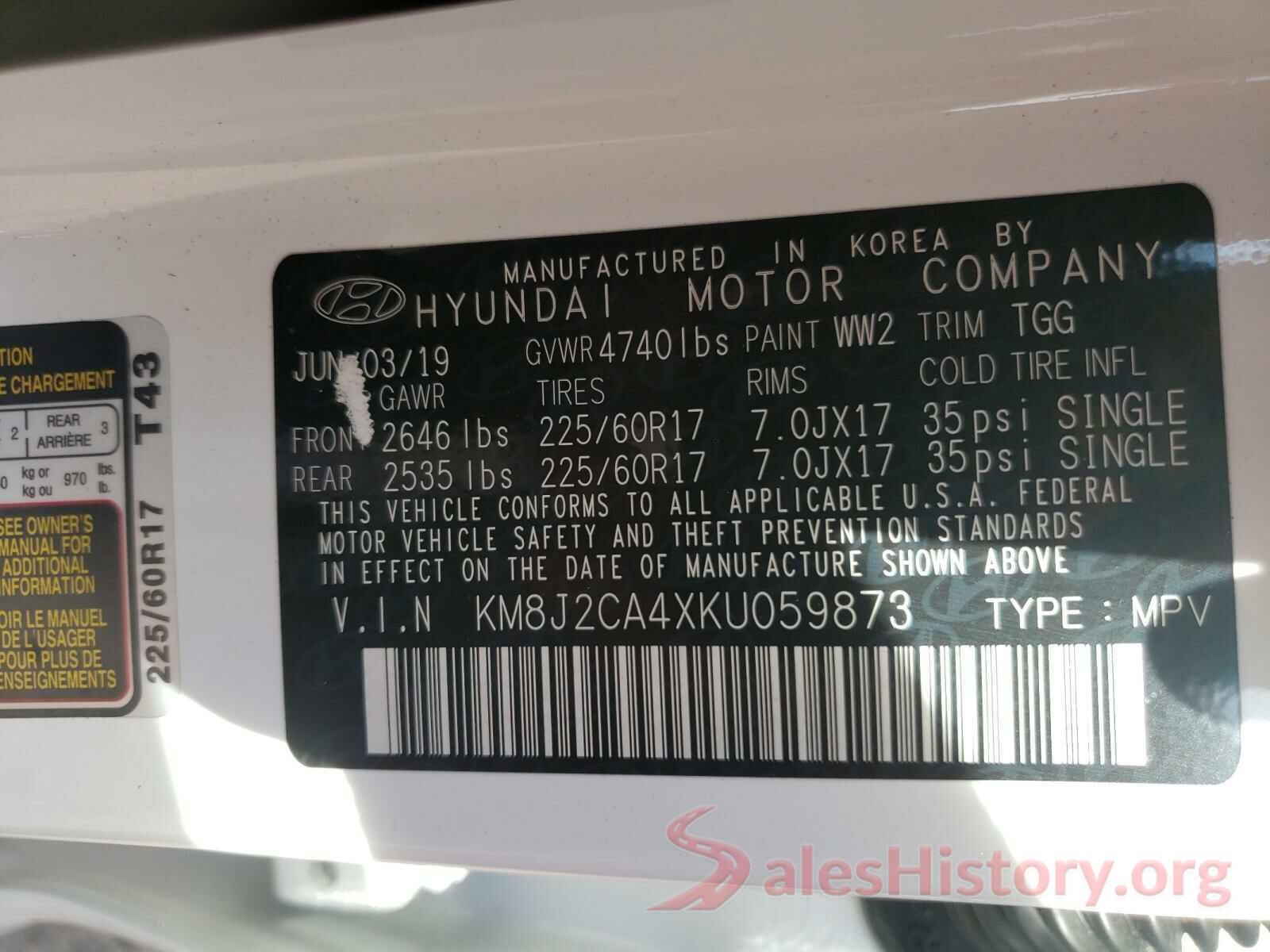 KM8J2CA4XKU059873 2019 HYUNDAI TUCSON