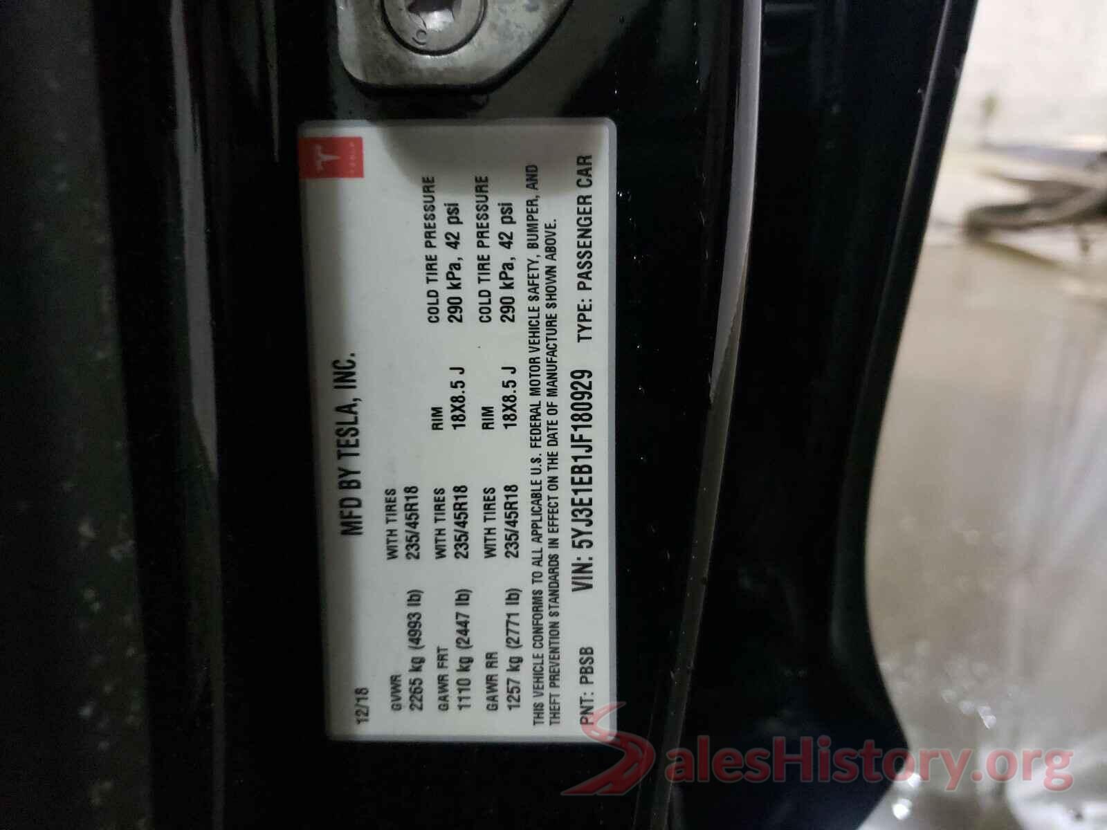 5YJ3E1EB1JF180929 2018 TESLA MODEL 3