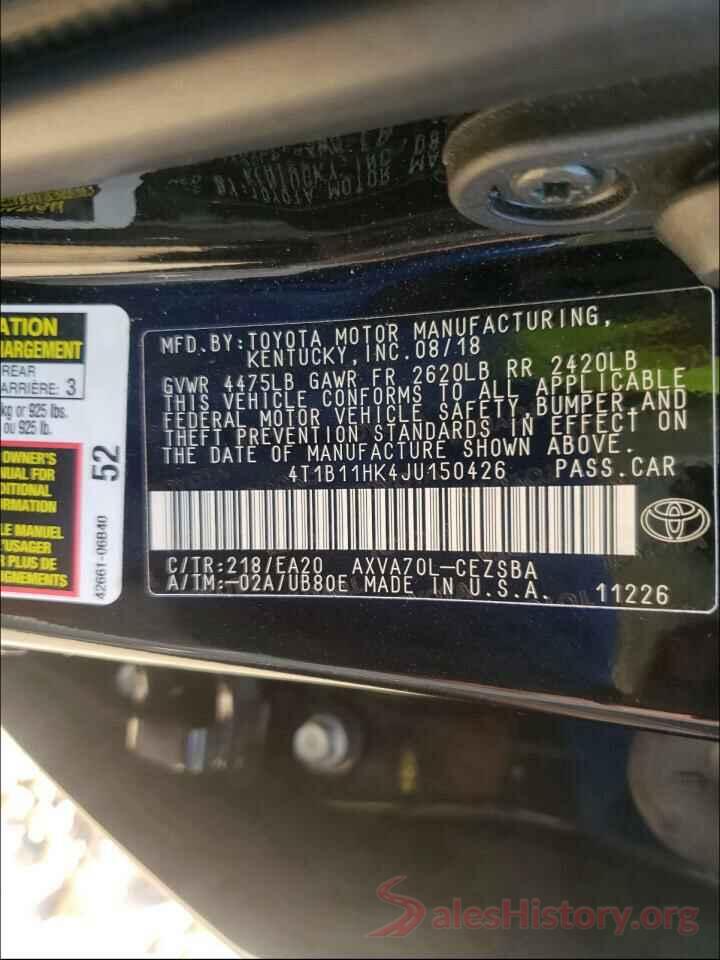 4T1B11HK4JU150426 2018 TOYOTA CAMRY