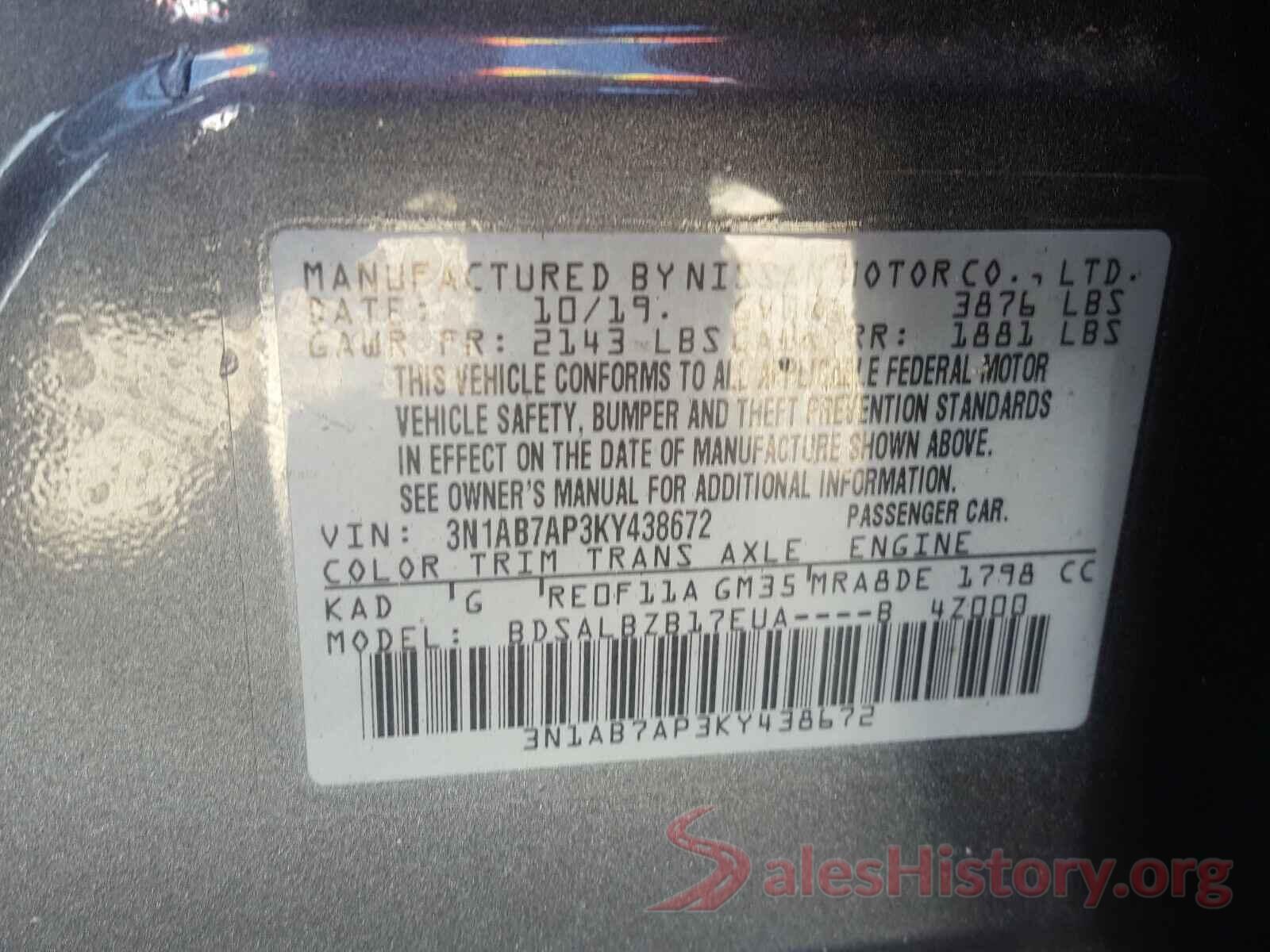 3N1AB7AP3KY438672 2019 NISSAN SENTRA