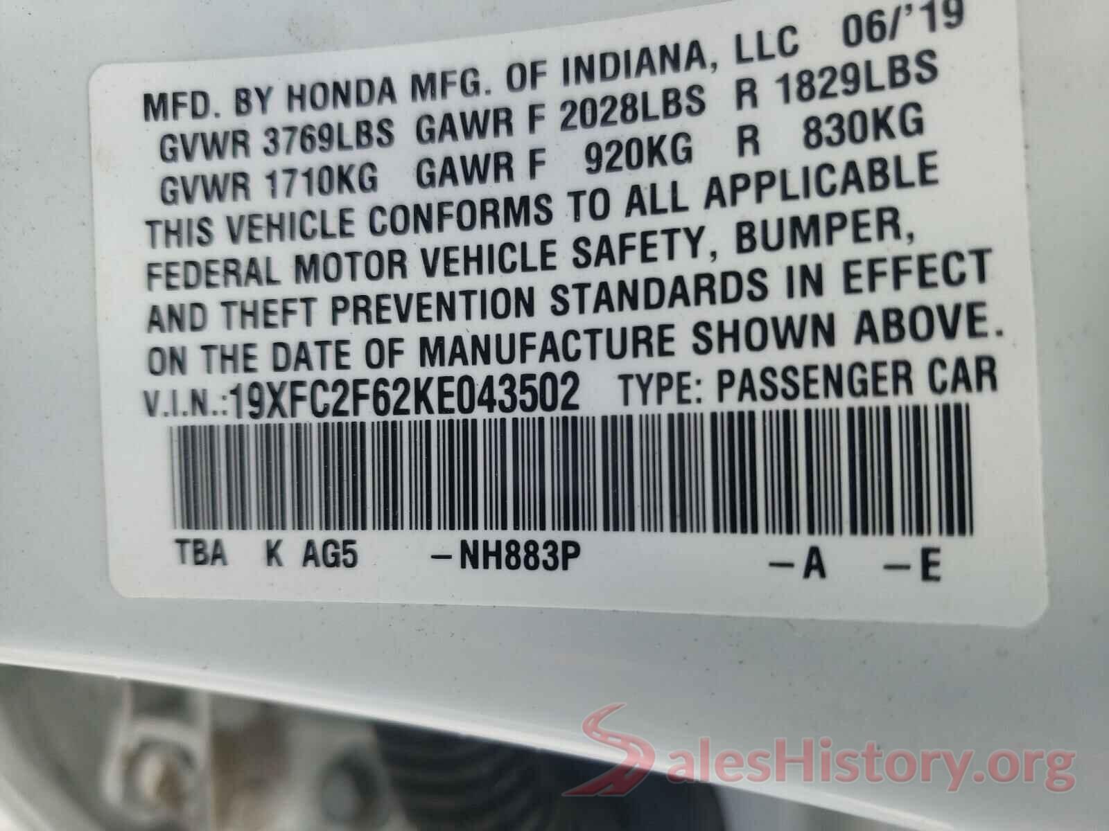 19XFC2F62KE043502 2019 HONDA CIVIC