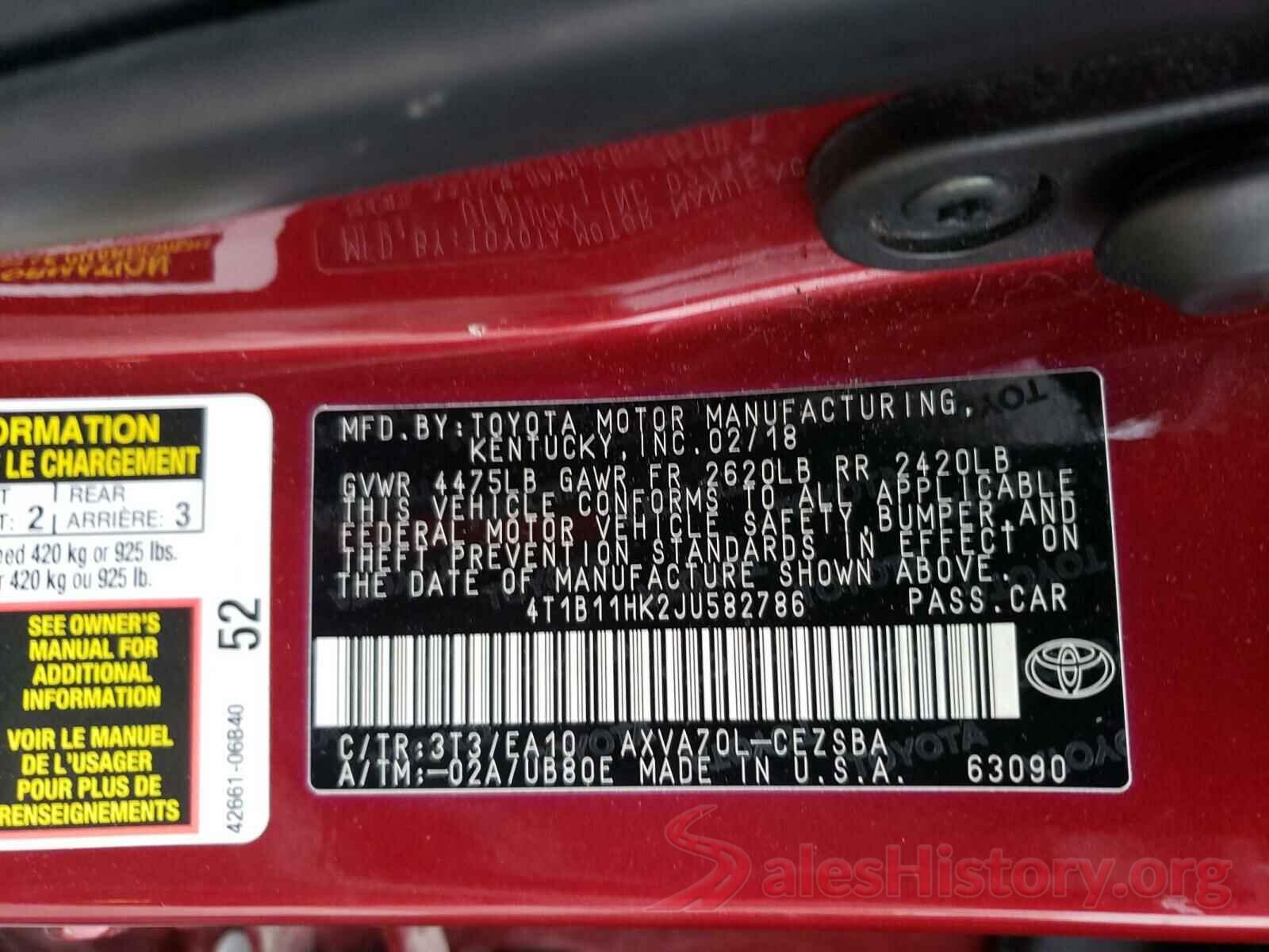 4T1B11HK2JU582786 2018 TOYOTA CAMRY