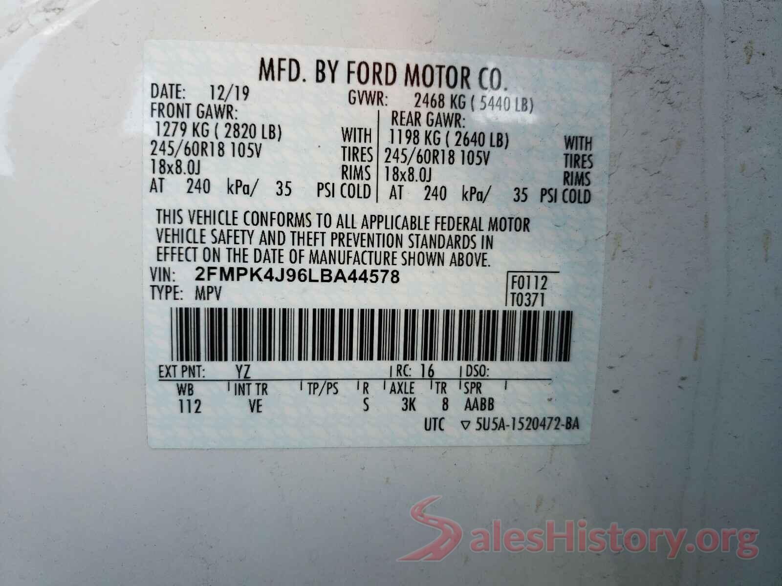 2FMPK4J96LBA44578 2020 FORD EDGE