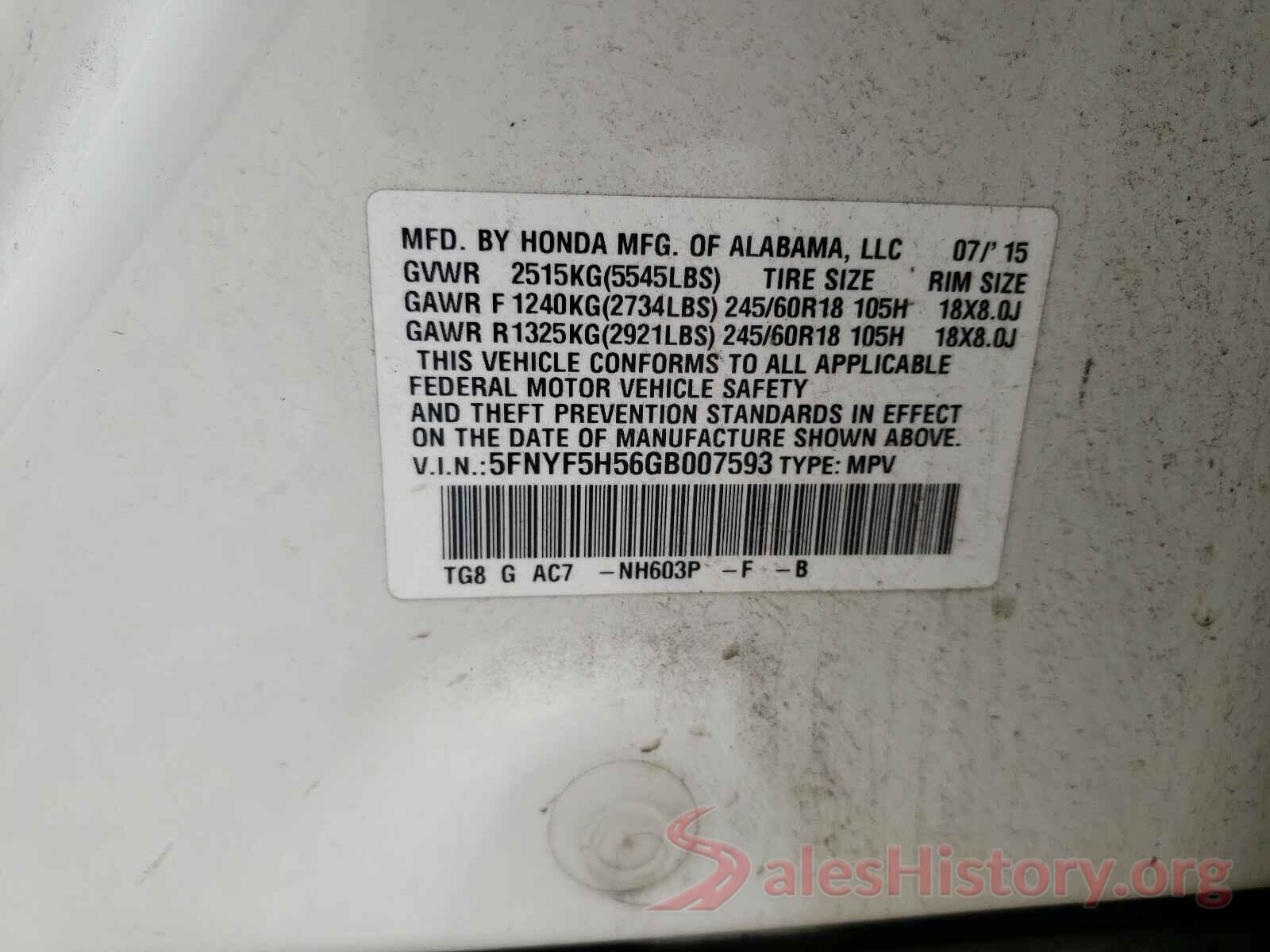 5FNYF5H56GB007593 2016 HONDA PILOT