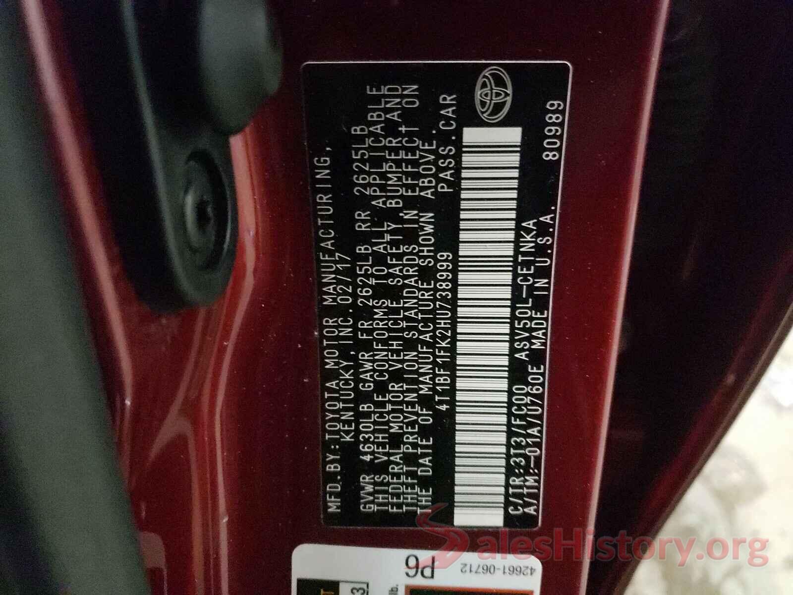 4T1BF1FK2HU738999 2017 TOYOTA CAMRY