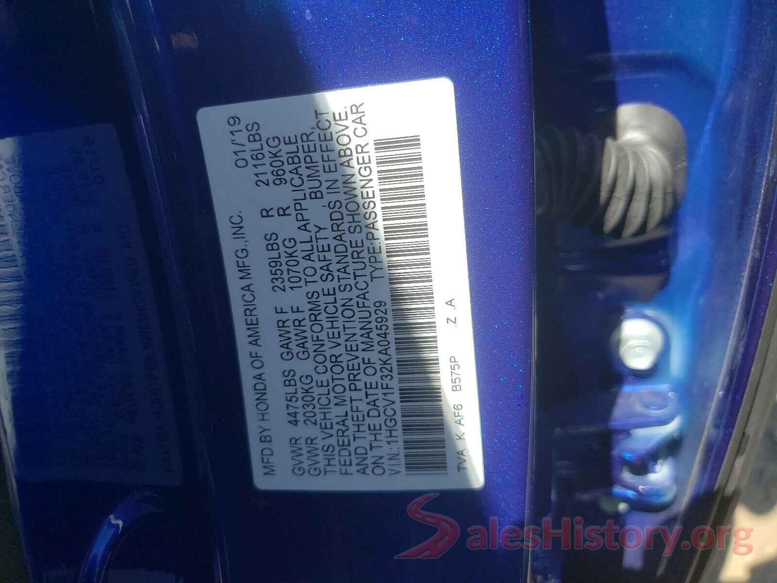 1HGCV1F32KA045929 2019 HONDA ACCORD