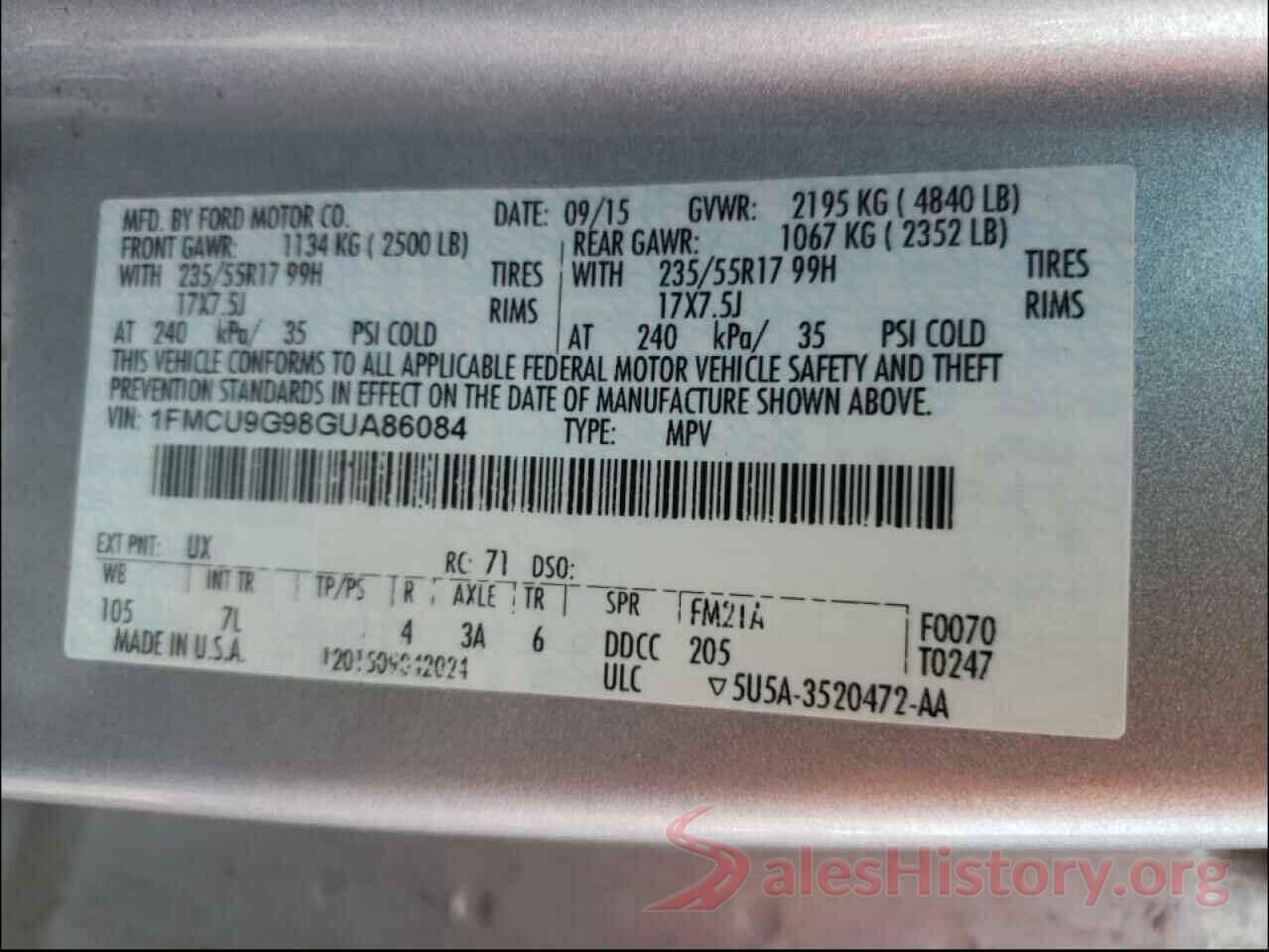 1FMCU9G98GUA86084 2016 FORD ESCAPE