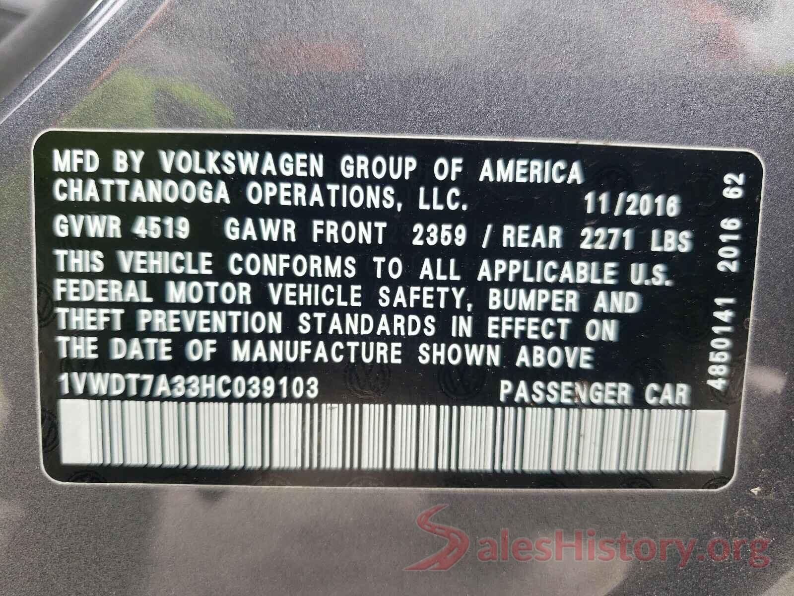 1VWDT7A33HC039103 2017 VOLKSWAGEN PASSAT