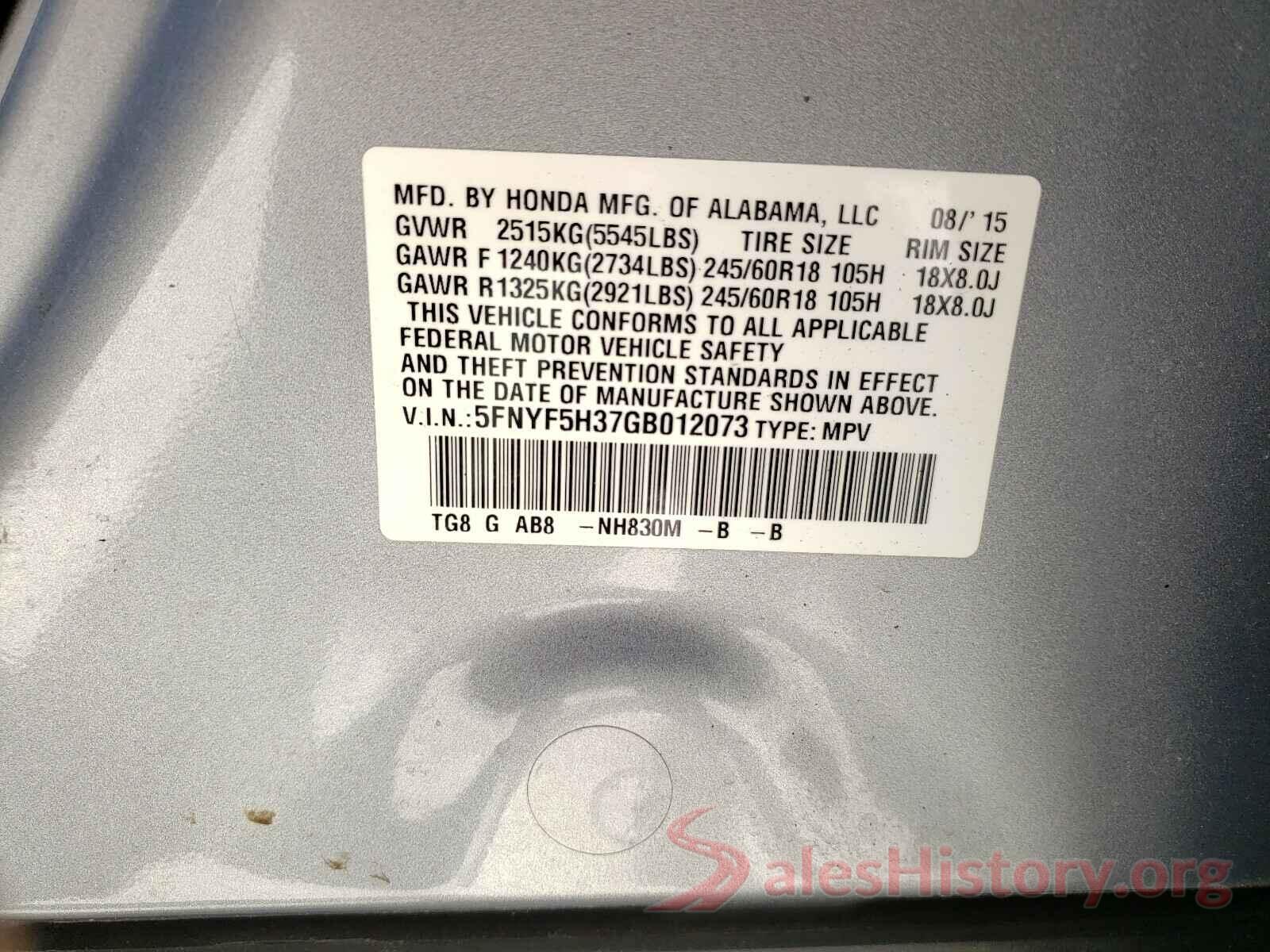 5FNYF5H37GB012073 2016 HONDA PILOT