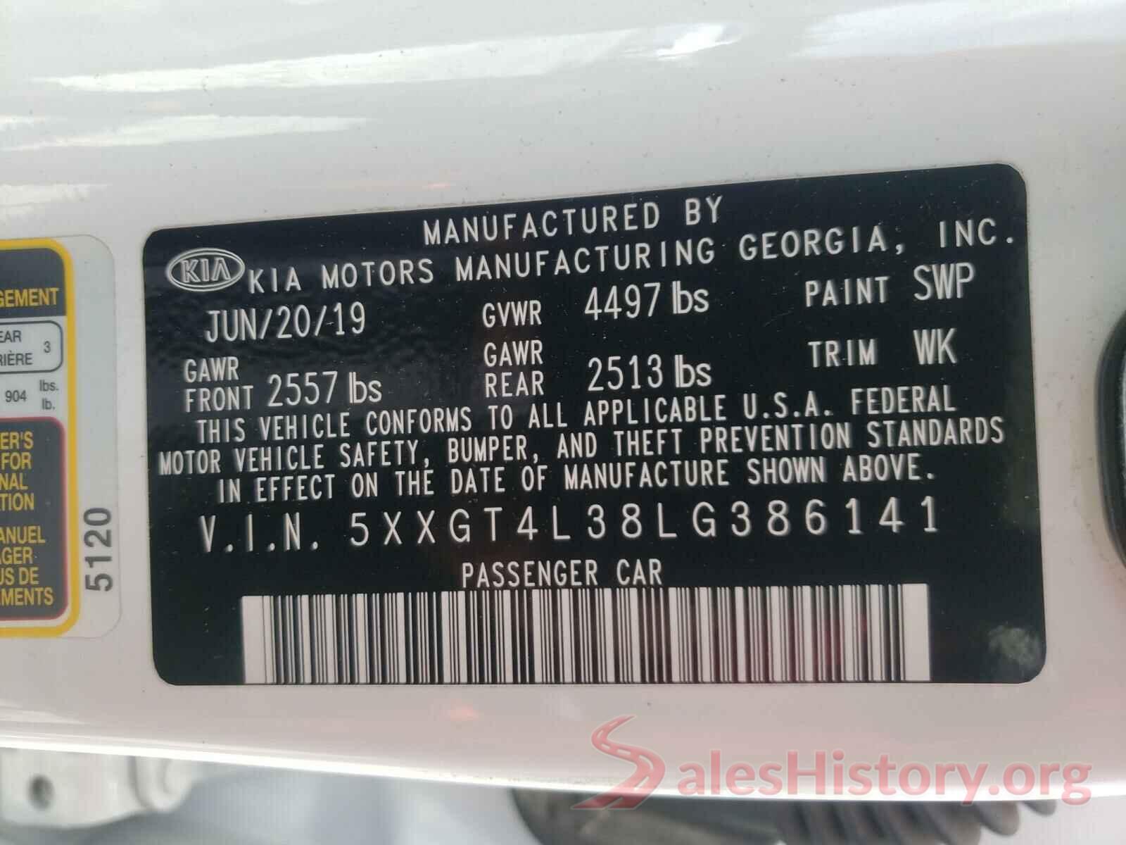 5XXGT4L38LG386141 2020 KIA OPTIMA