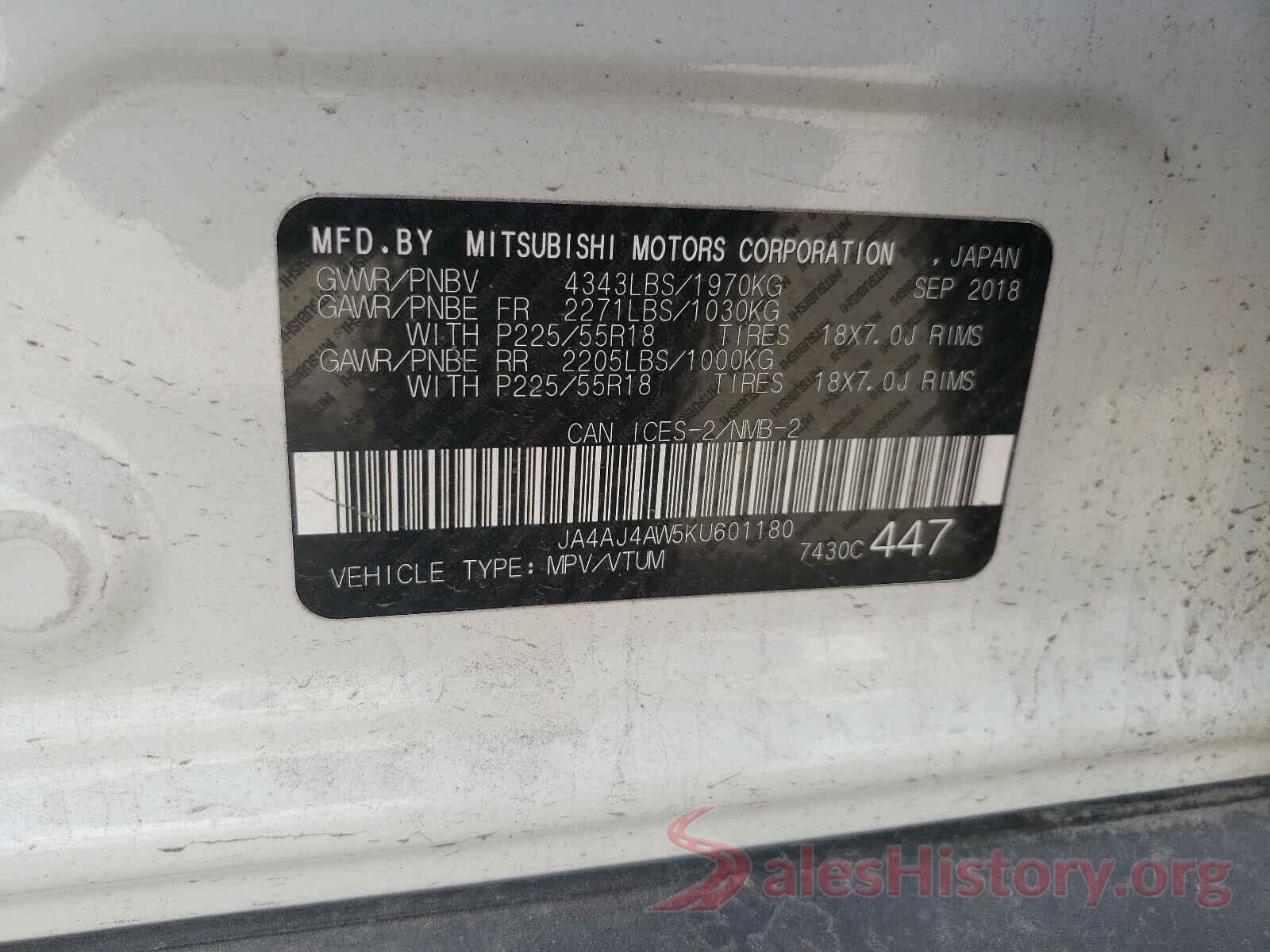 JA4AJ4AW5KU601180 2019 MITSUBISHI OUTLANDER