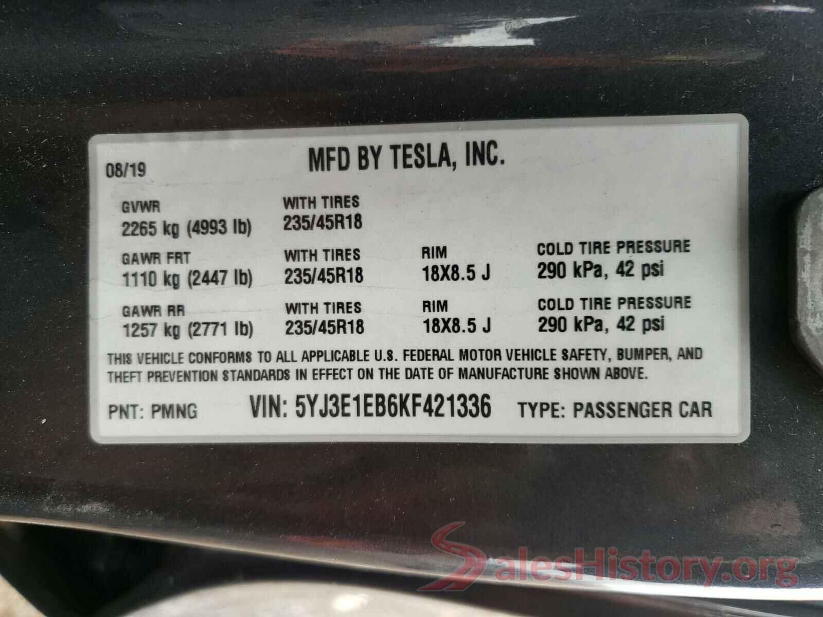 5YJ3E1EB6KF421336 2019 TESLA MODEL 3