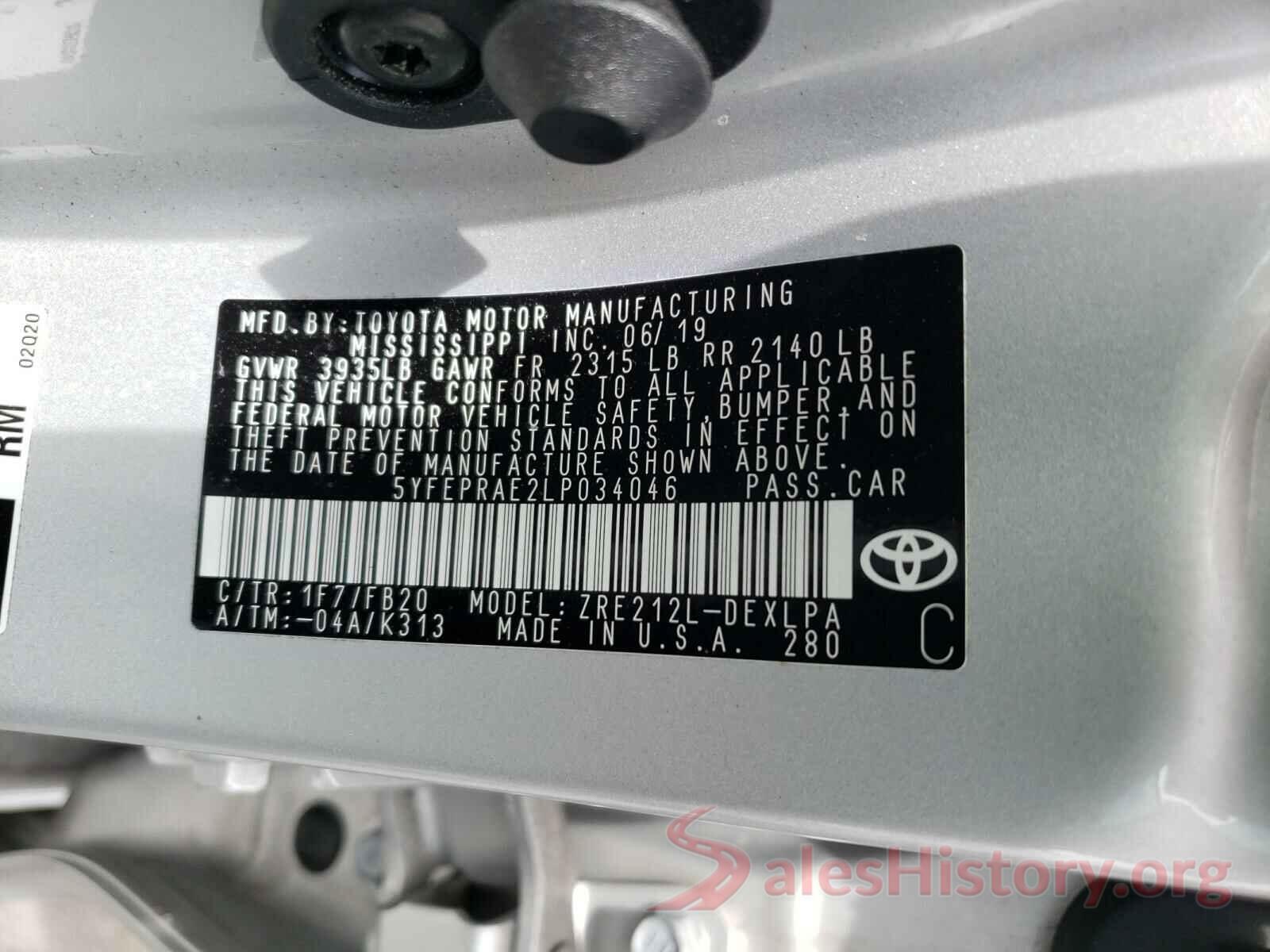 5YFEPRAE2LP034046 2020 TOYOTA COROLLA